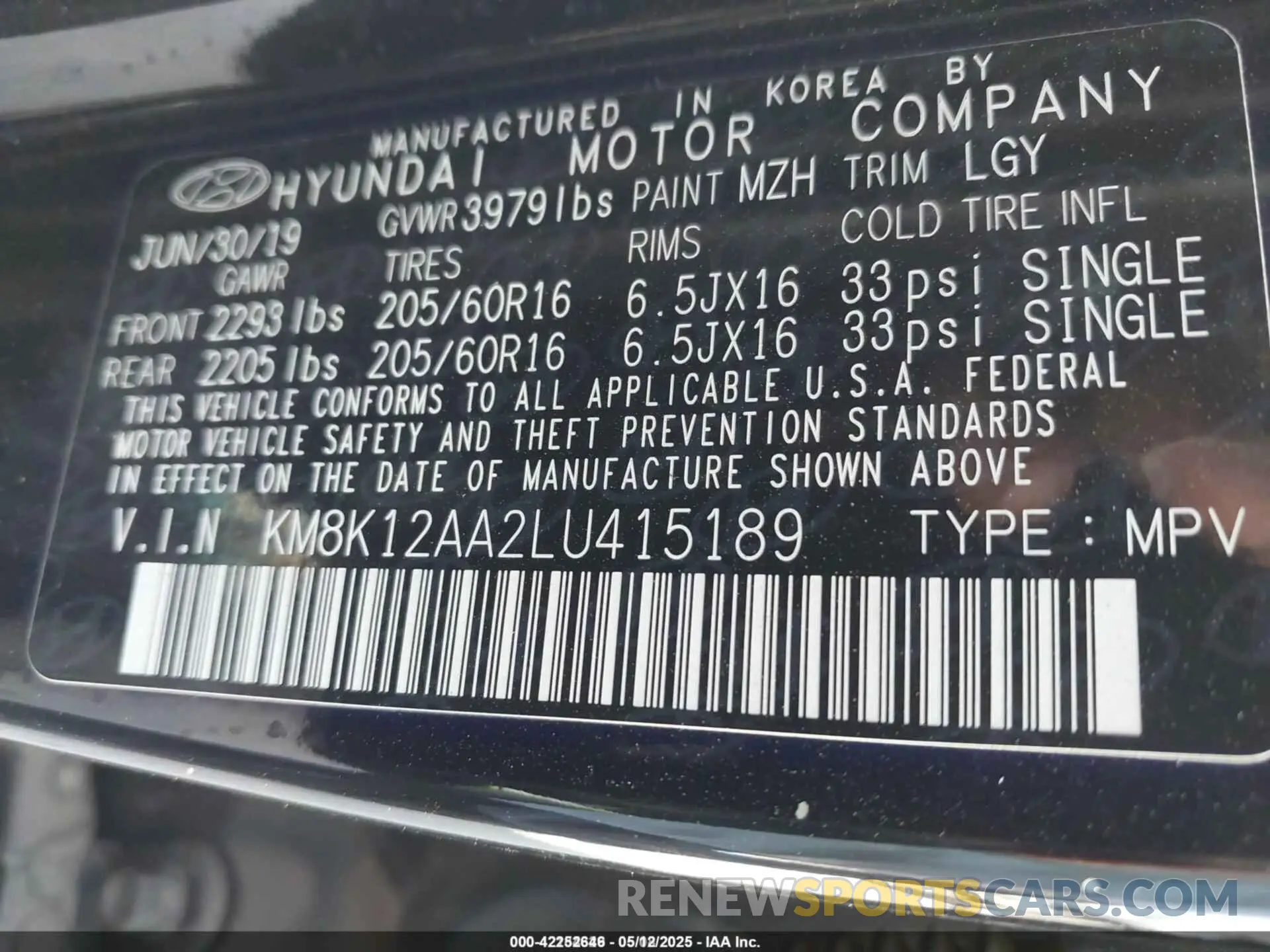 9 fotografías del automóvil dañado KM8K12AA2LU415189 HYUNDAI KONA 2020
