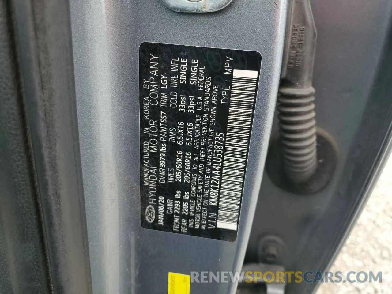 12 fotografías del automóvil dañado KM8K12AA4LU538735 HYUNDAI KONA 2020