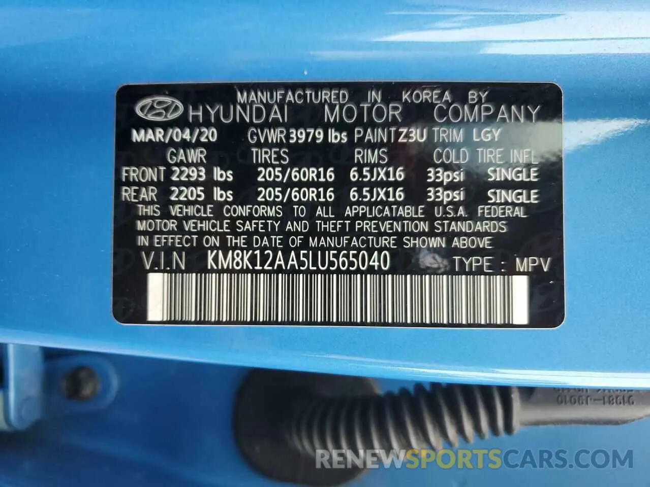 12 fotografías del automóvil dañado KM8K12AA5LU565040 HYUNDAI KONA 2020