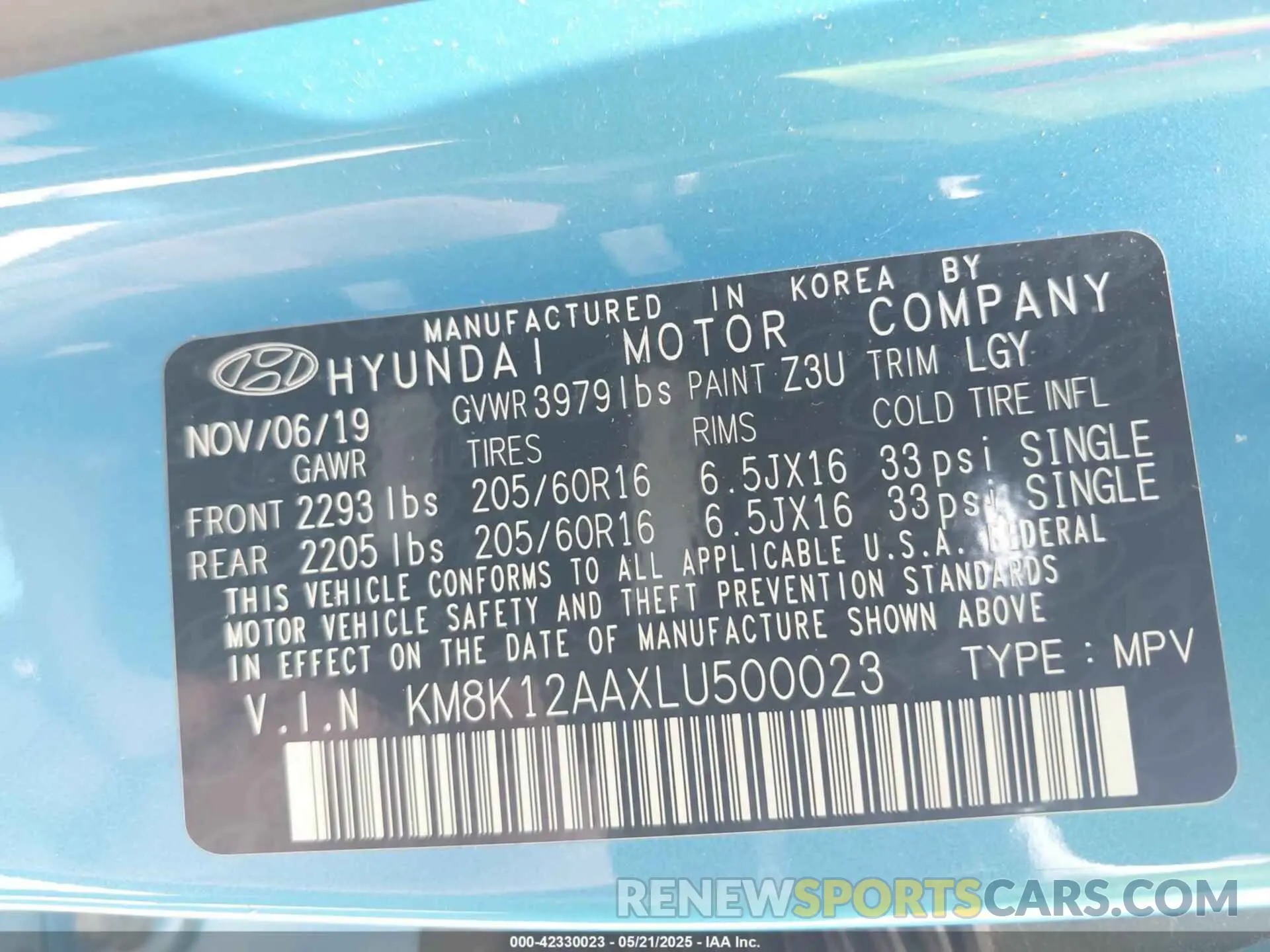 9 fotografías del automóvil dañado KM8K12AAXLU500023 HYUNDAI KONA 2020