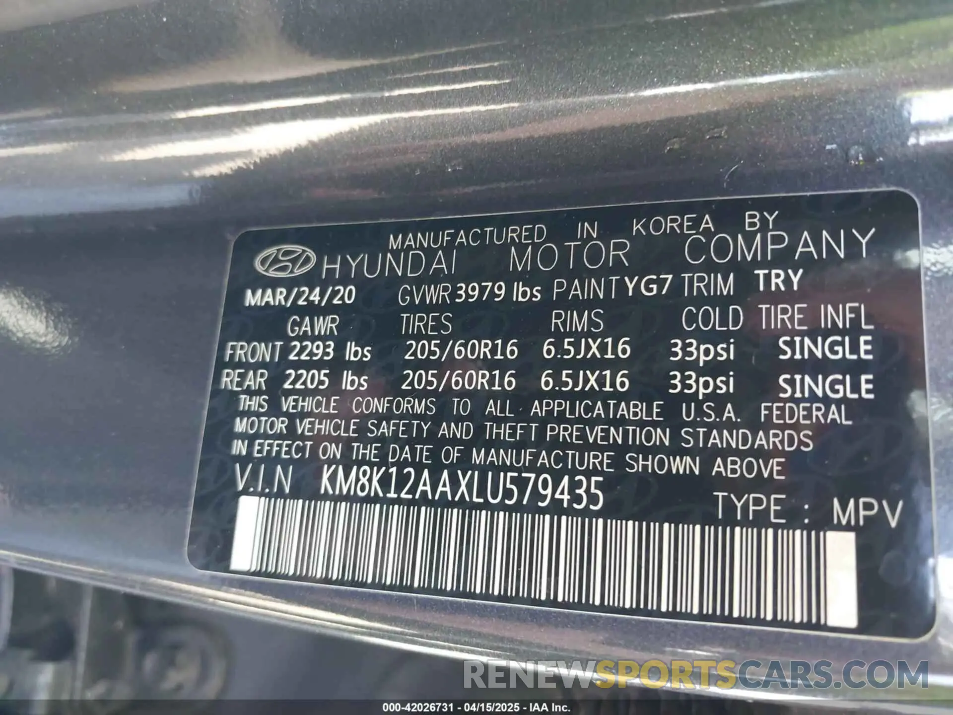 9 fotografías del automóvil dañado KM8K12AAXLU579435 HYUNDAI KONA 2020