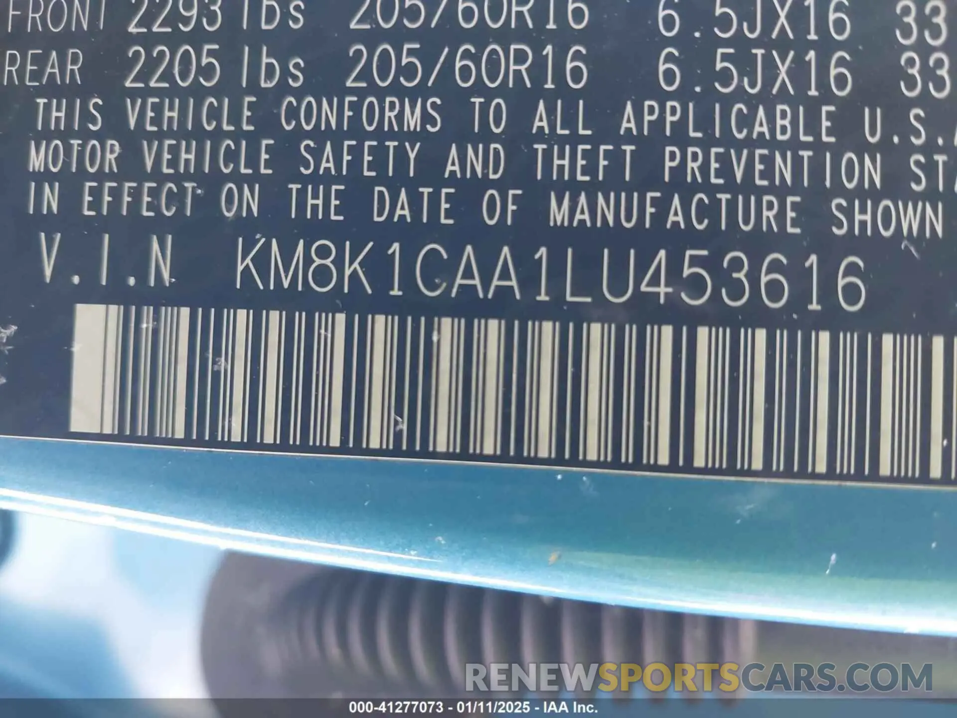 9 fotografías del automóvil dañado KM8K1CAA1LU453616 HYUNDAI KONA 2020