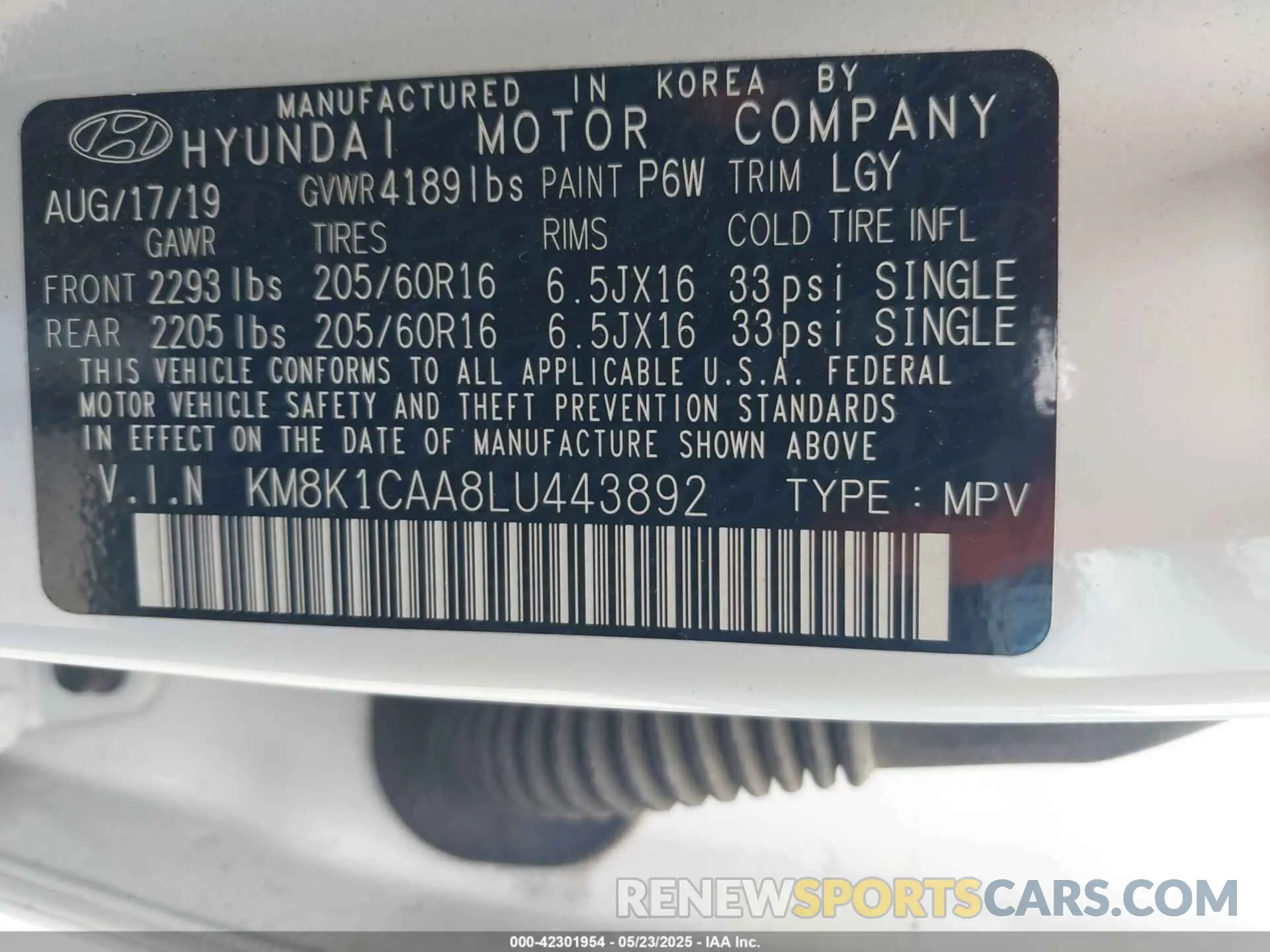 9 fotografías del automóvil dañado KM8K1CAA8LU443892 HYUNDAI KONA 2020
