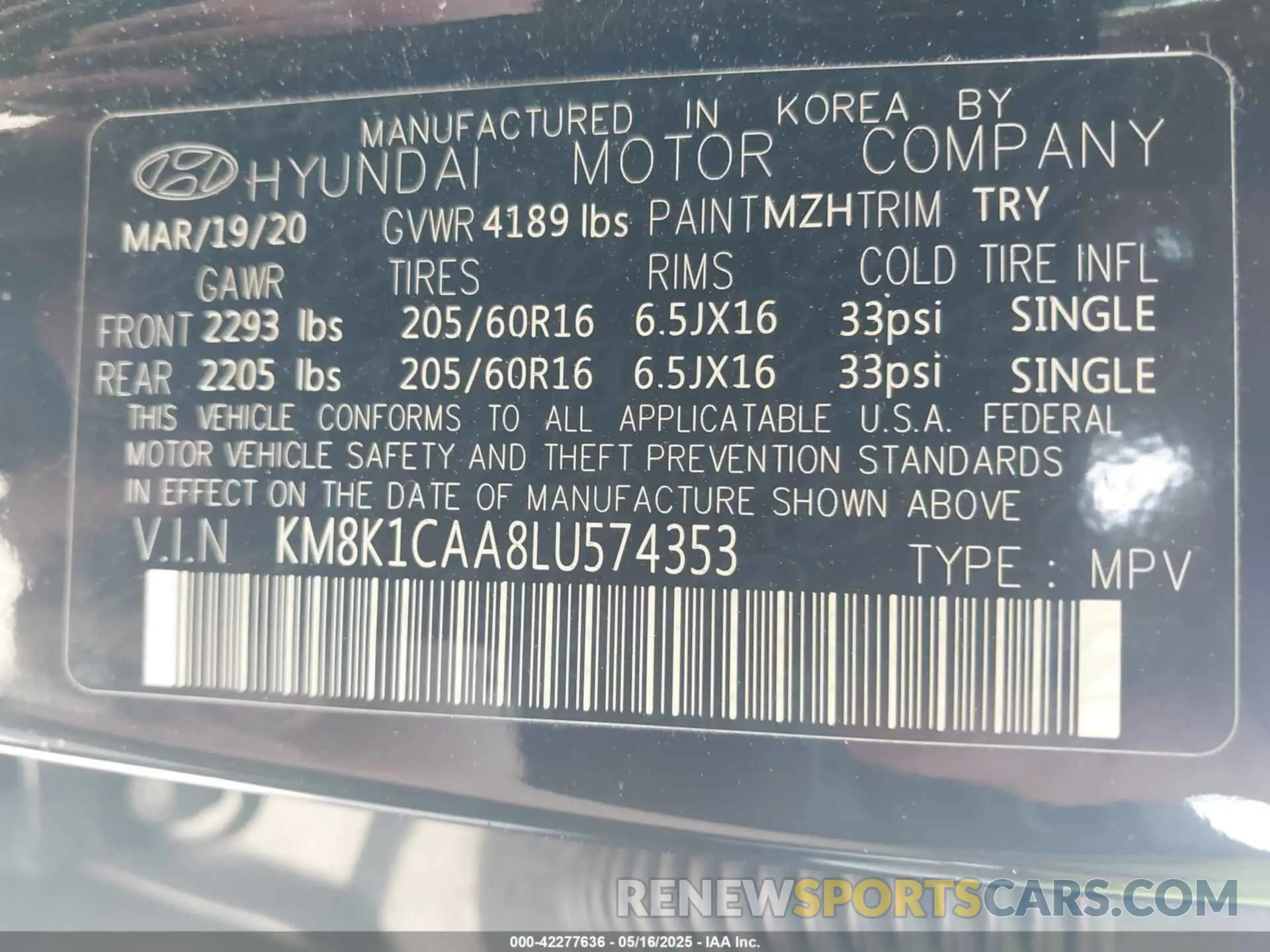 9 fotografías del automóvil dañado KM8K1CAA8LU574353 HYUNDAI KONA 2020