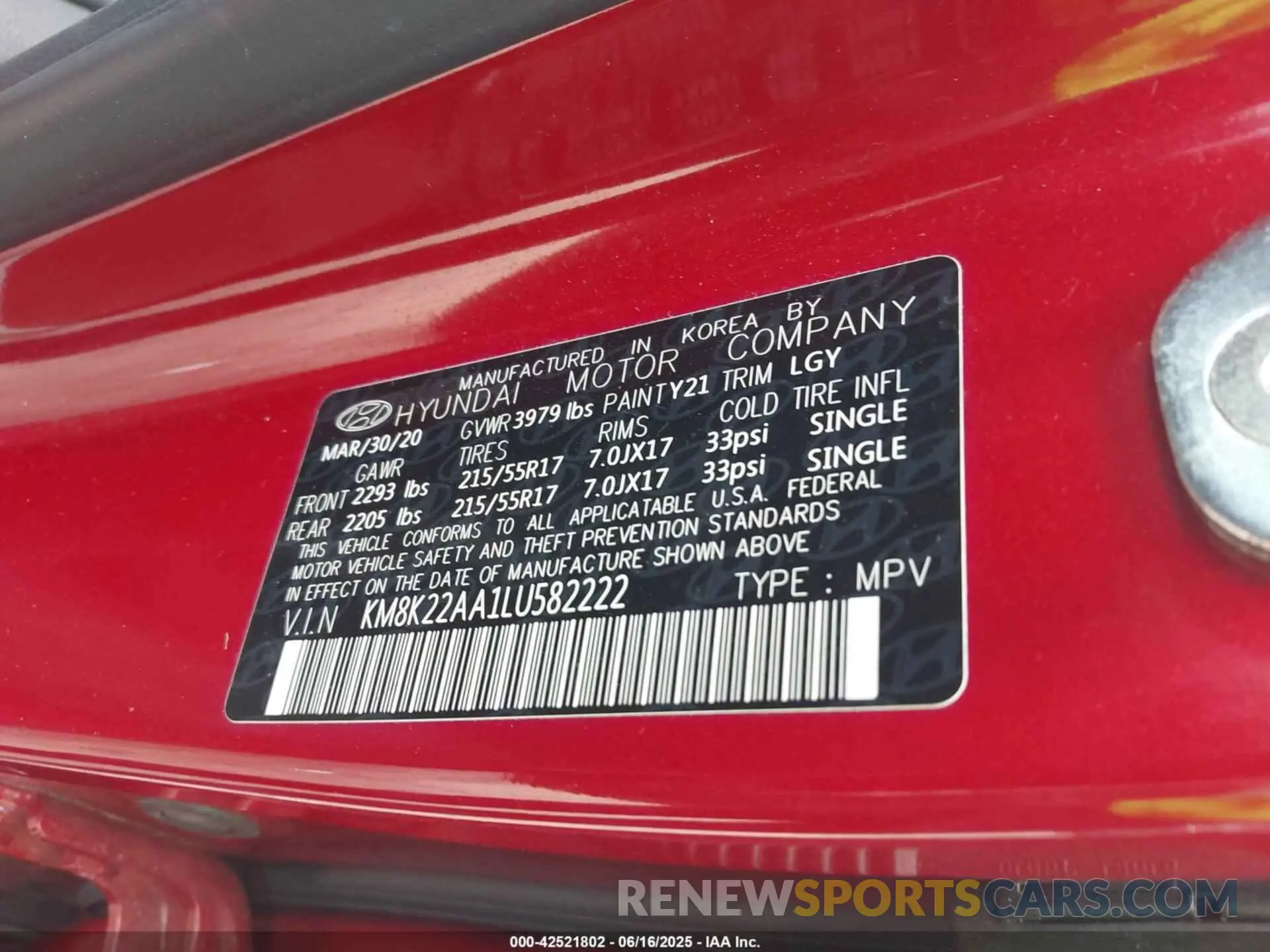 9 fotografías del automóvil dañado KM8K22AA1LU582222 HYUNDAI KONA 2020
