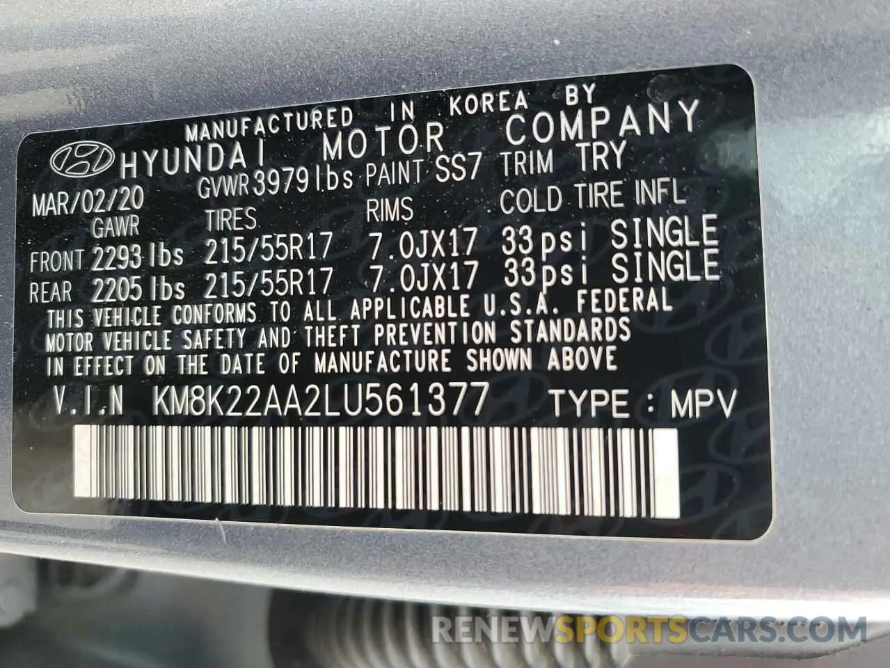 12 fotografías del automóvil dañado KM8K22AA2LU561377 HYUNDAI KONA 2020