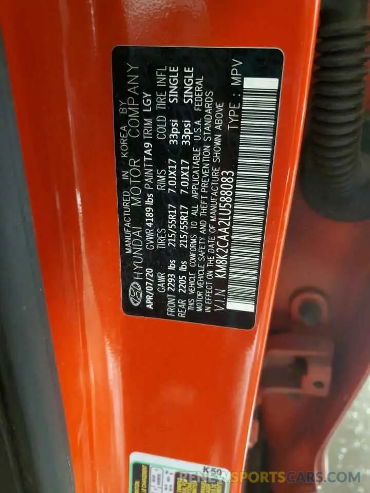 13 fotografías del automóvil dañado KM8K2CAA2LU588083 HYUNDAI KONA 2020