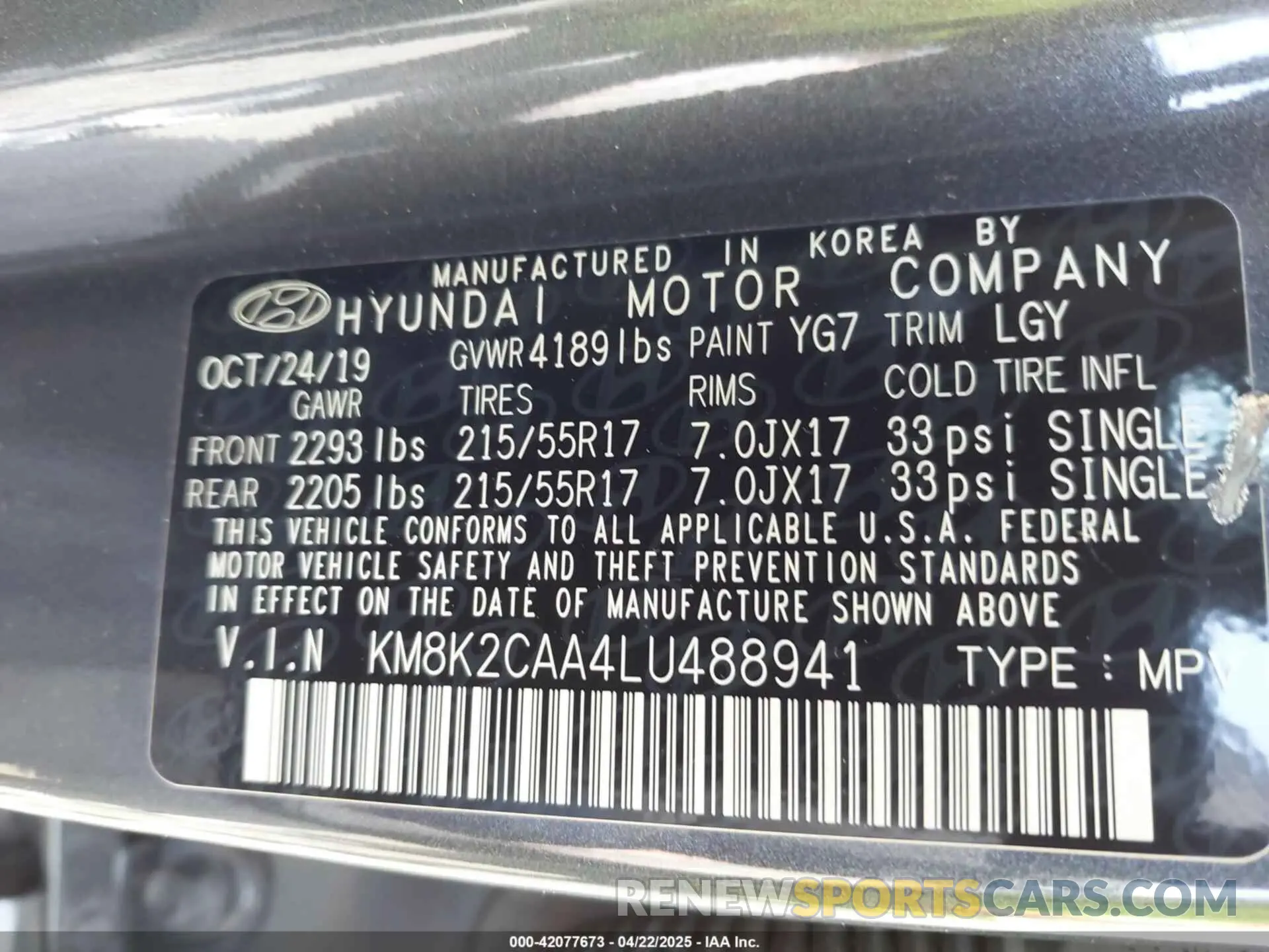 9 fotografías del automóvil dañado KM8K2CAA4LU488941 HYUNDAI KONA 2020