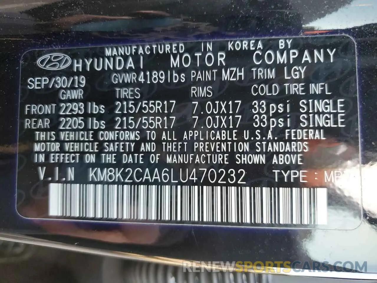 14 fotografías del automóvil dañado KM8K2CAA6LU470232 HYUNDAI KONA 2020