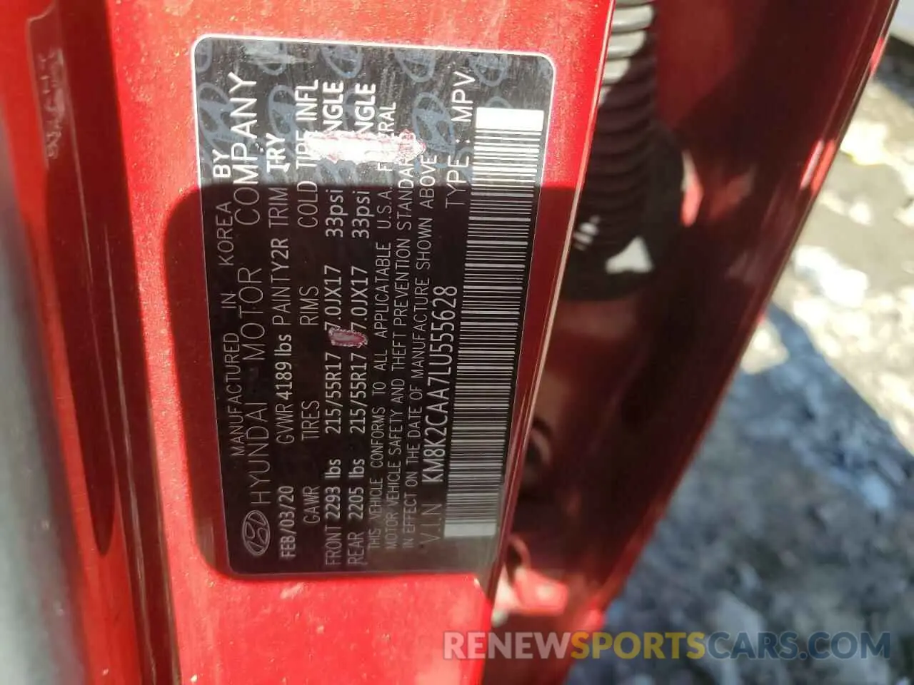 12 fotografías del automóvil dañado KM8K2CAA7LU555628 HYUNDAI KONA 2020
