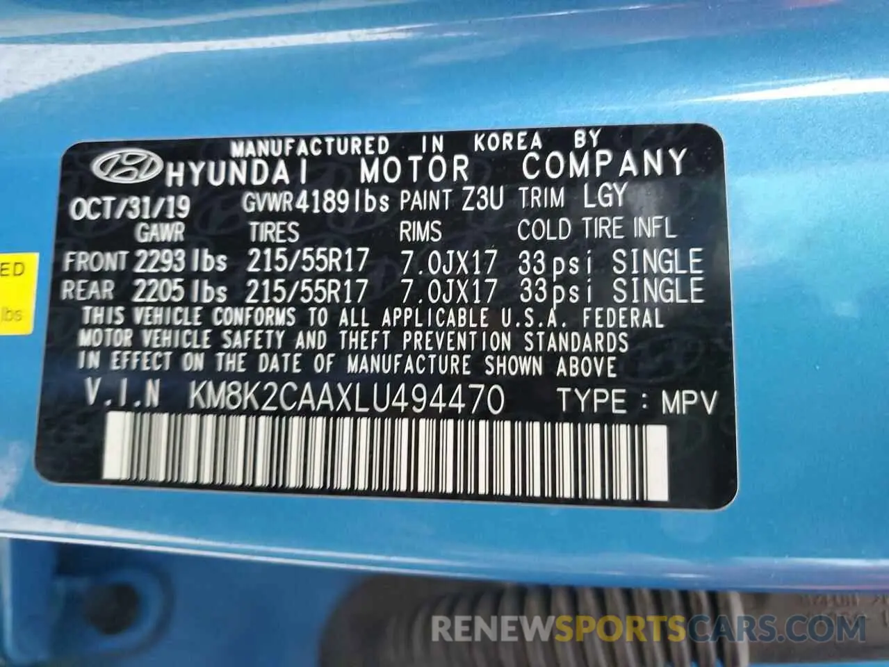 14 fotografías del automóvil dañado KM8K2CAAXLU494470 HYUNDAI KONA 2020