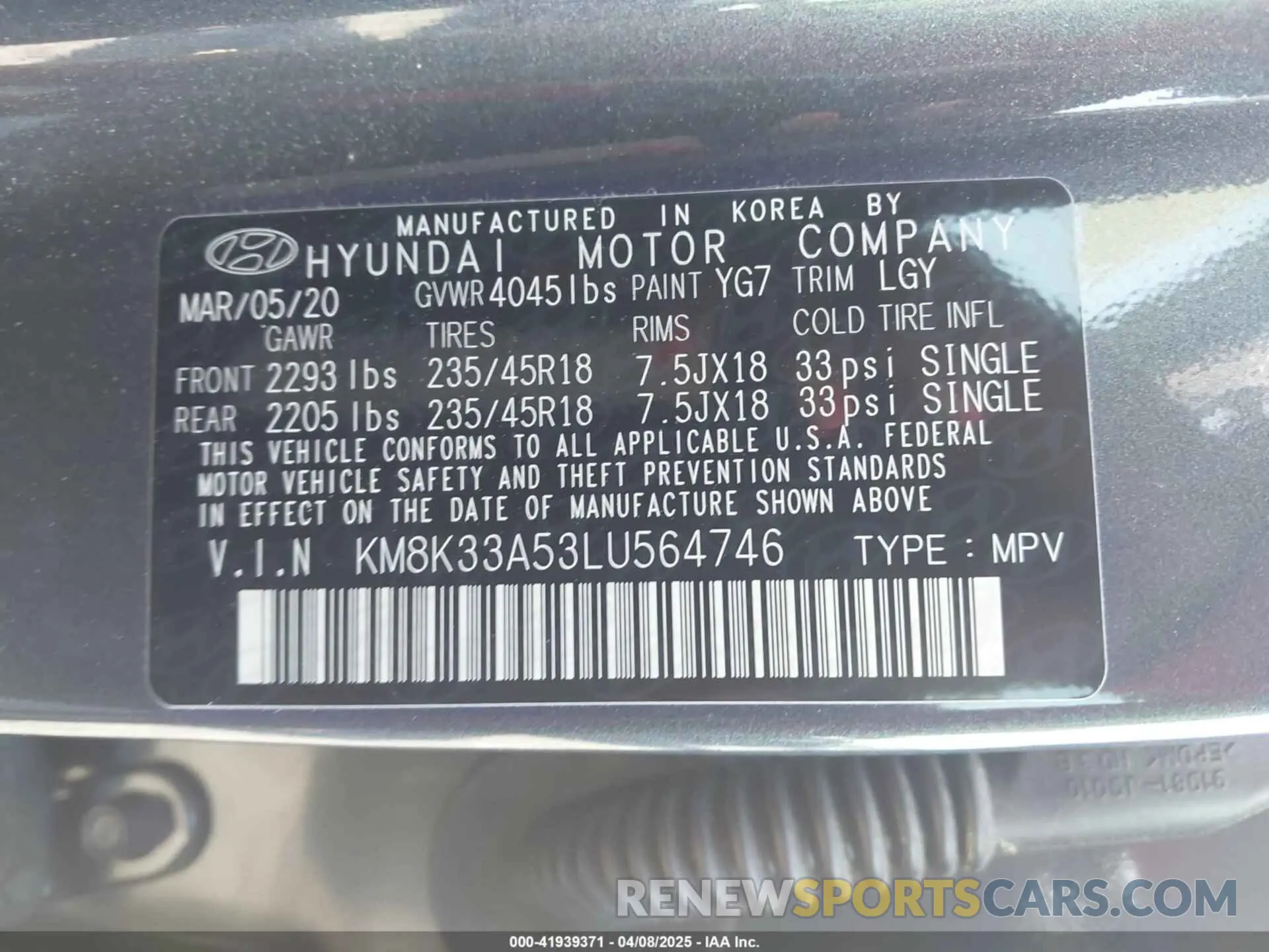 9 fotografías del automóvil dañado KM8K33A53LU564746 HYUNDAI KONA 2020