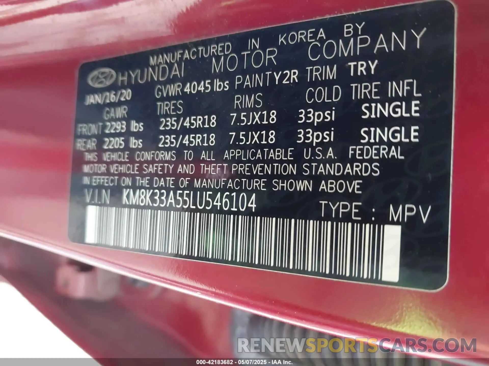 9 fotografías del automóvil dañado KM8K33A55LU546104 HYUNDAI KONA 2020