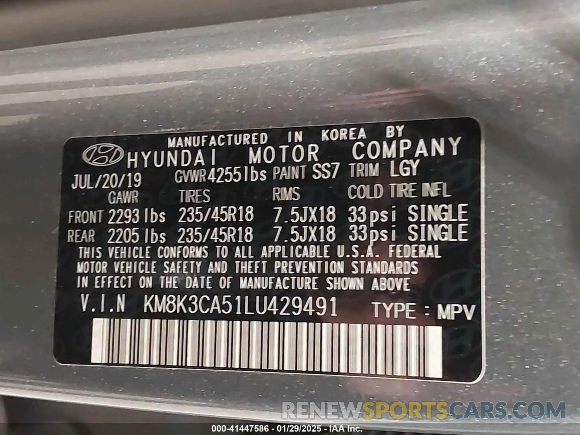 9 fotografías del automóvil dañado KM8K3CA51LU429491 HYUNDAI KONA 2020
