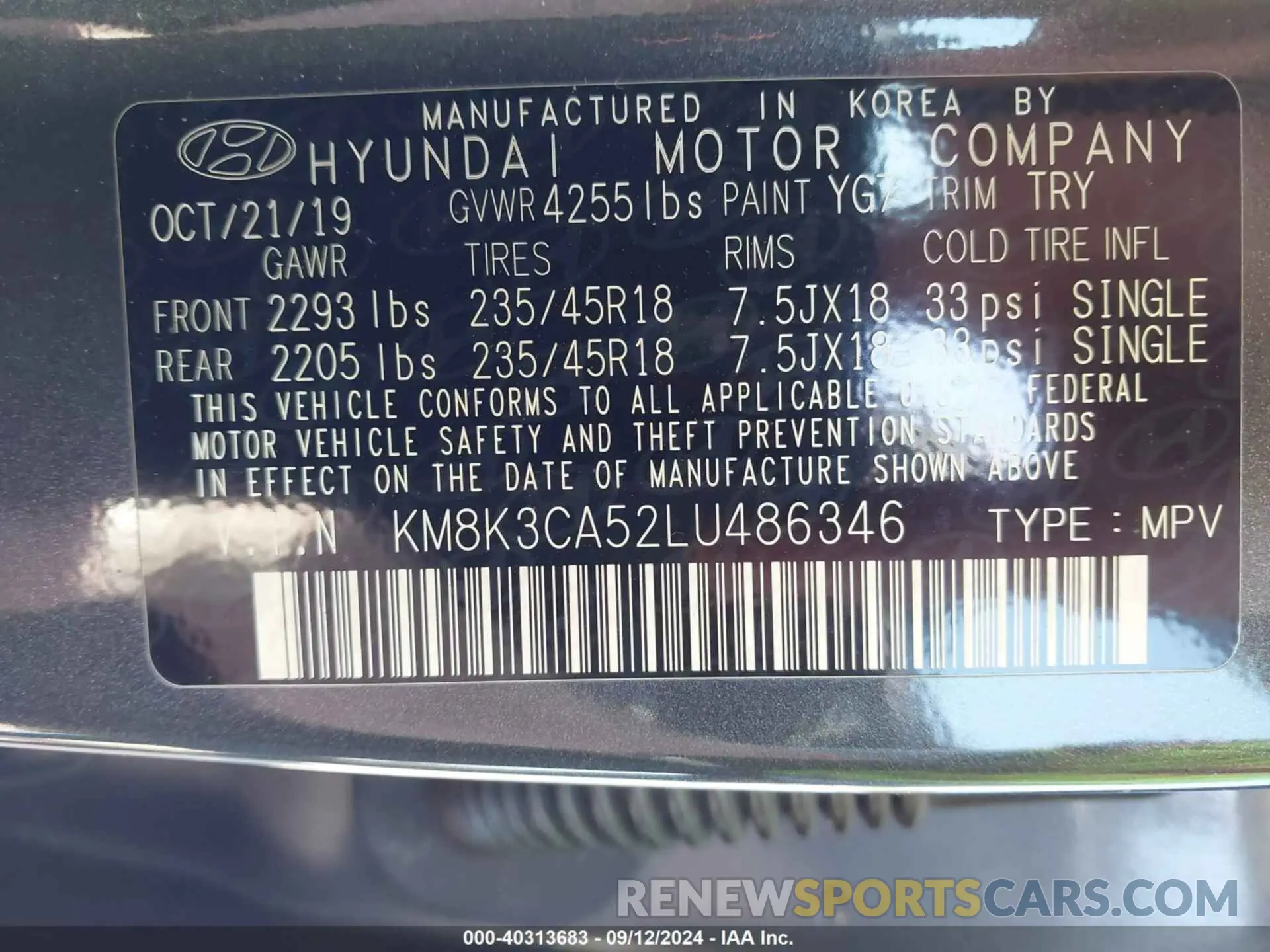9 fotografías del automóvil dañado KM8K3CA52LU486346 HYUNDAI KONA 2020