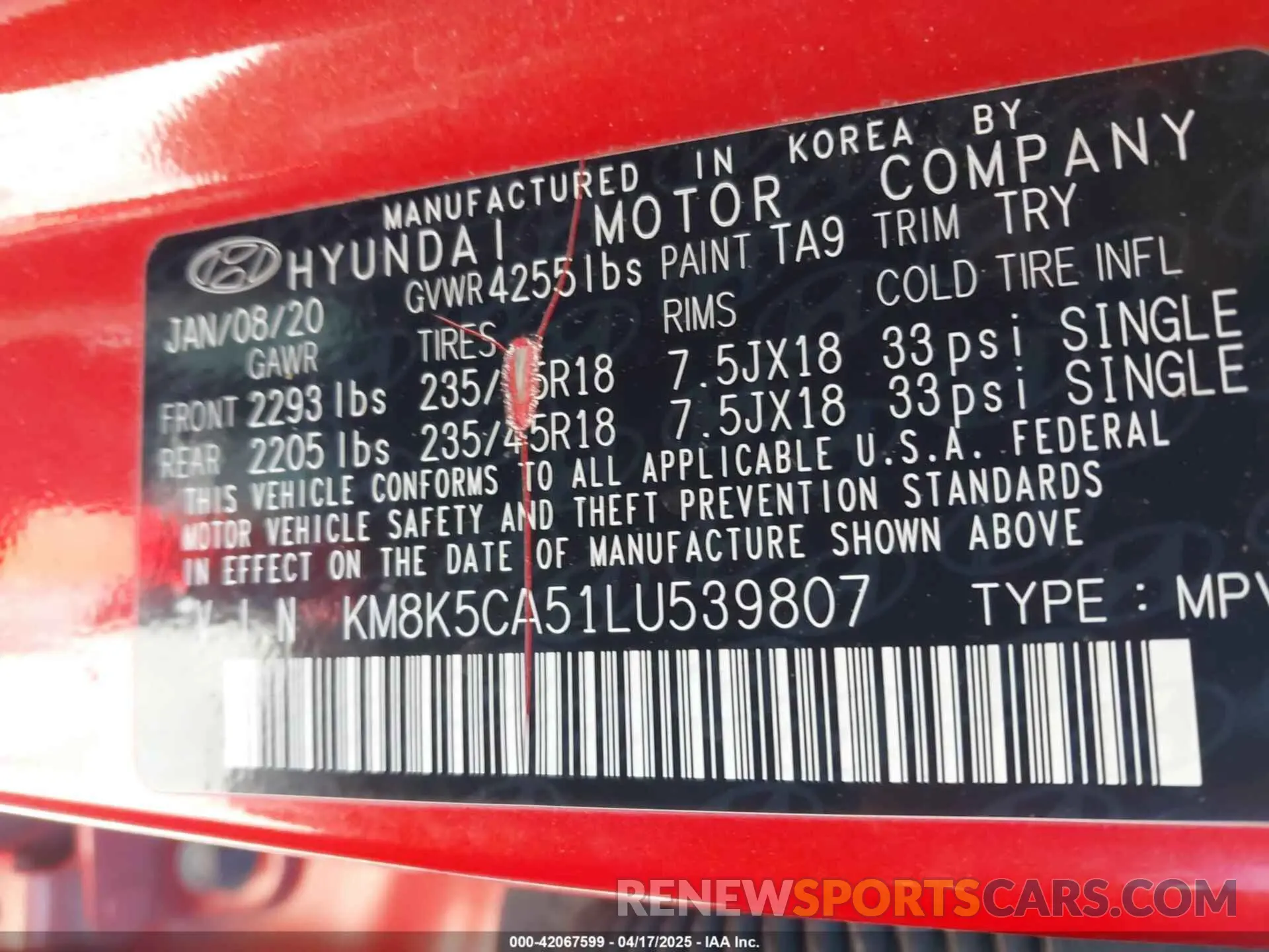9 fotografías del automóvil dañado KM8K5CA51LU539807 HYUNDAI KONA 2020
