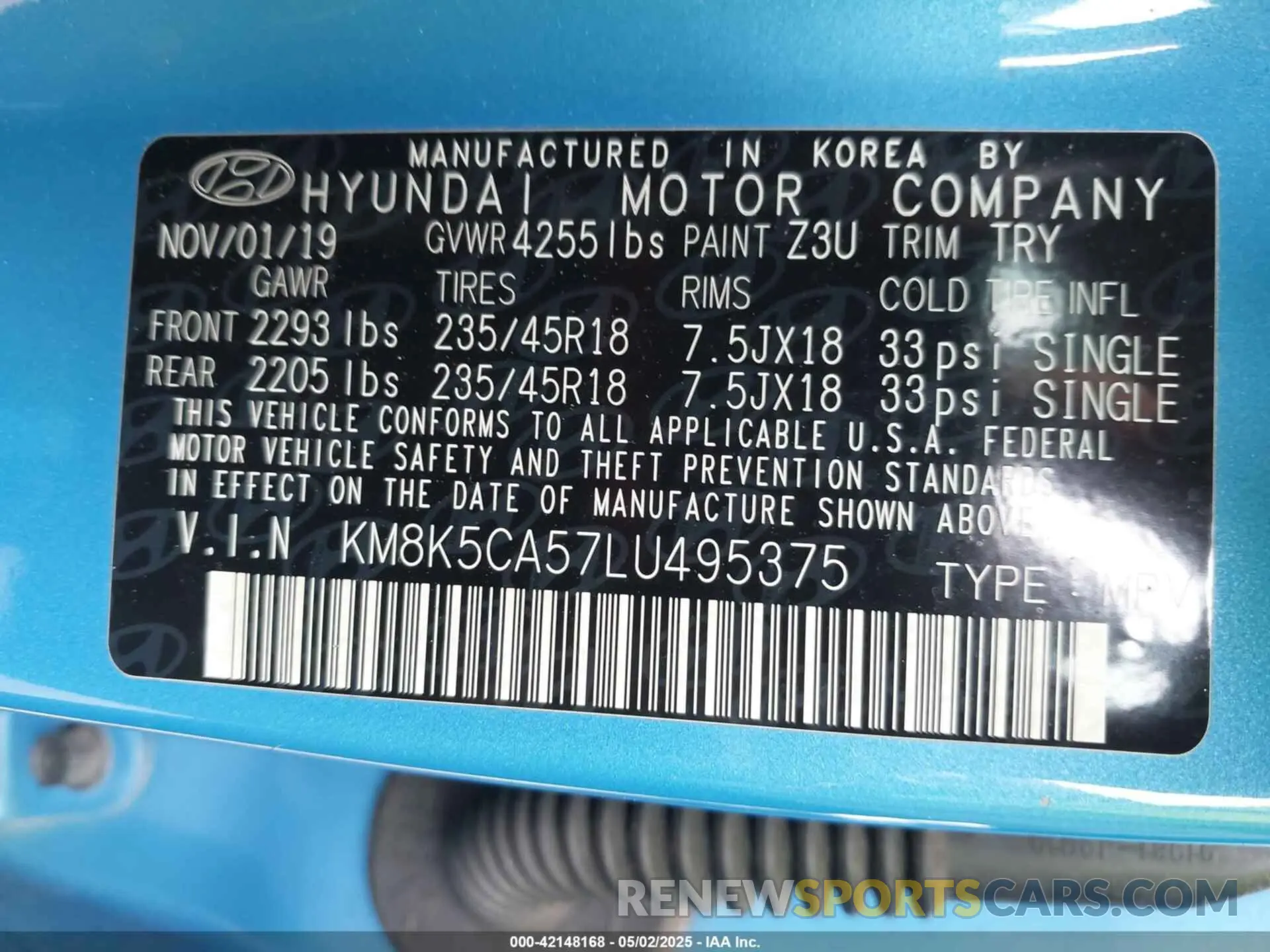 9 fotografías del automóvil dañado KM8K5CA57LU495375 HYUNDAI KONA 2020