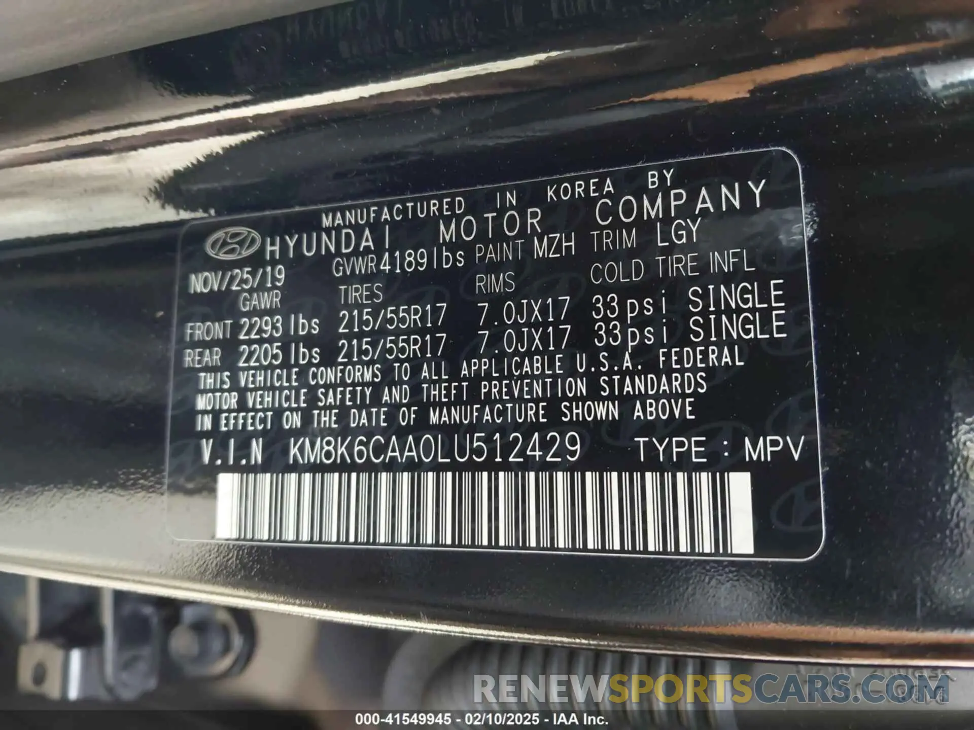 9 fotografías del automóvil dañado KM8K6CAA0LU512429 HYUNDAI KONA 2020