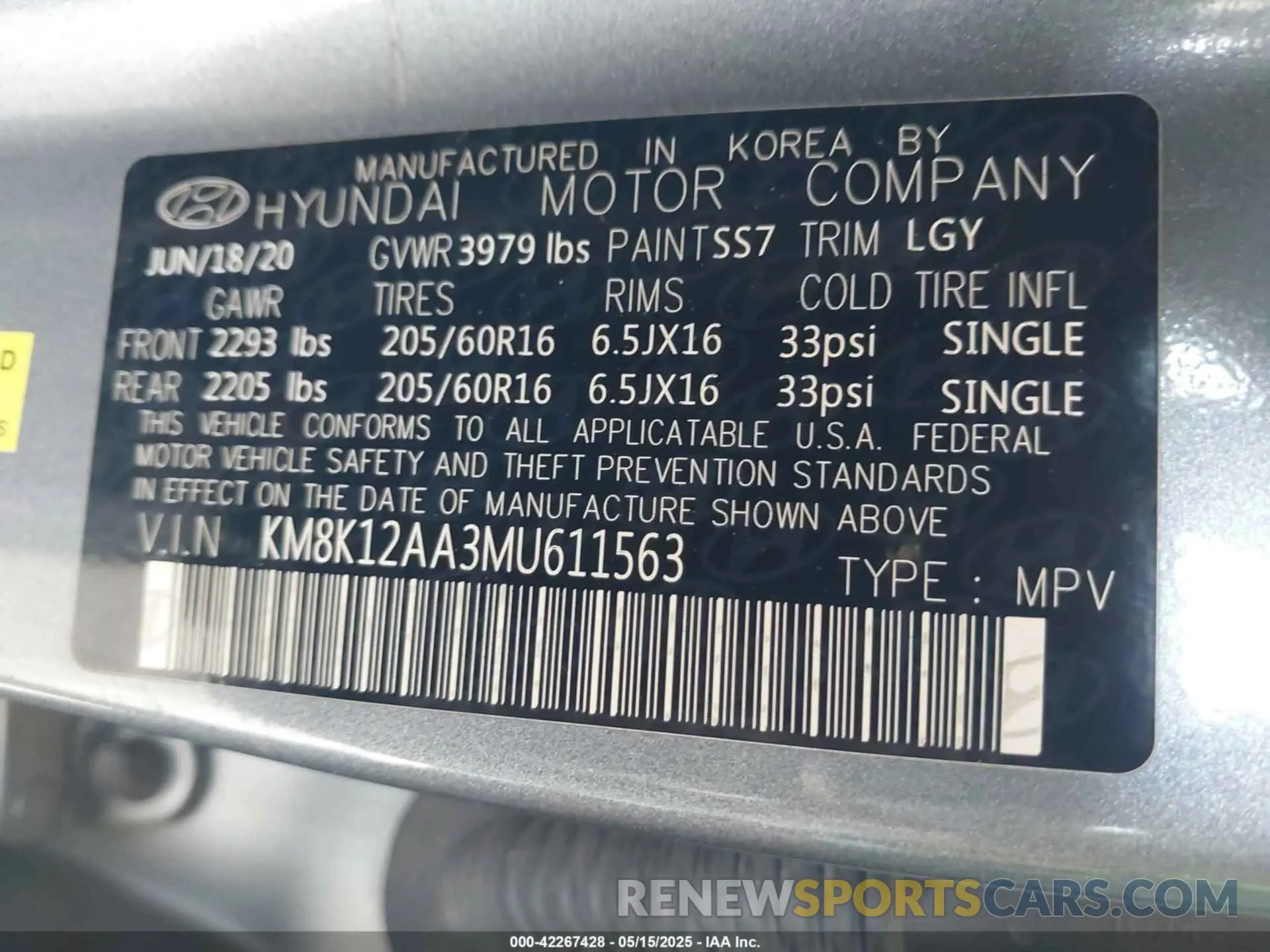 9 fotografías del automóvil dañado KM8K12AA3MU611563 HYUNDAI KONA 2021