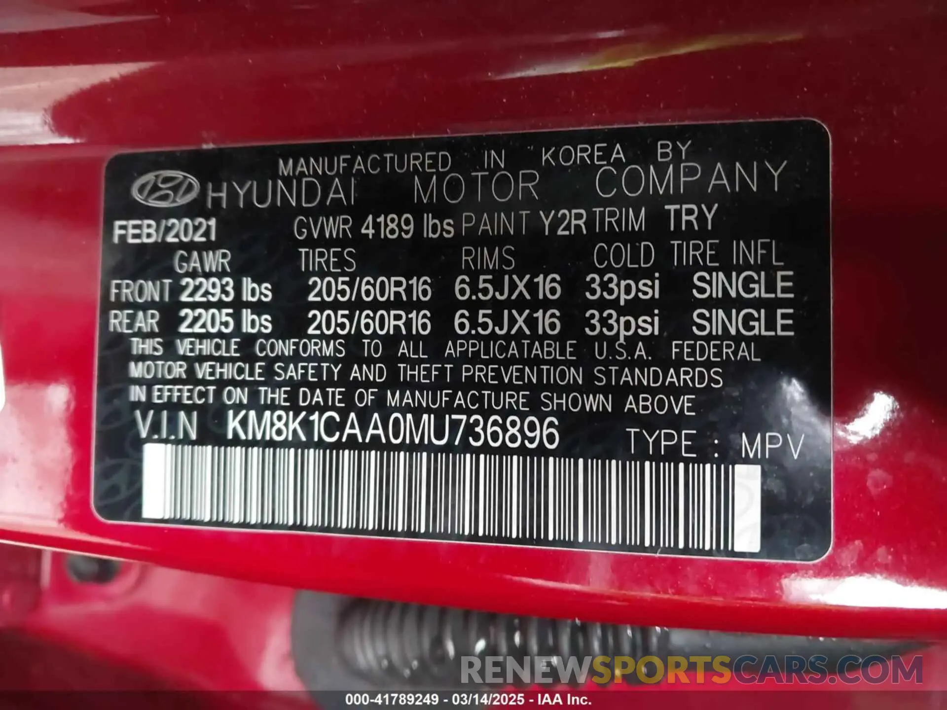 9 fotografías del automóvil dañado KM8K1CAA0MU736896 HYUNDAI KONA 2021