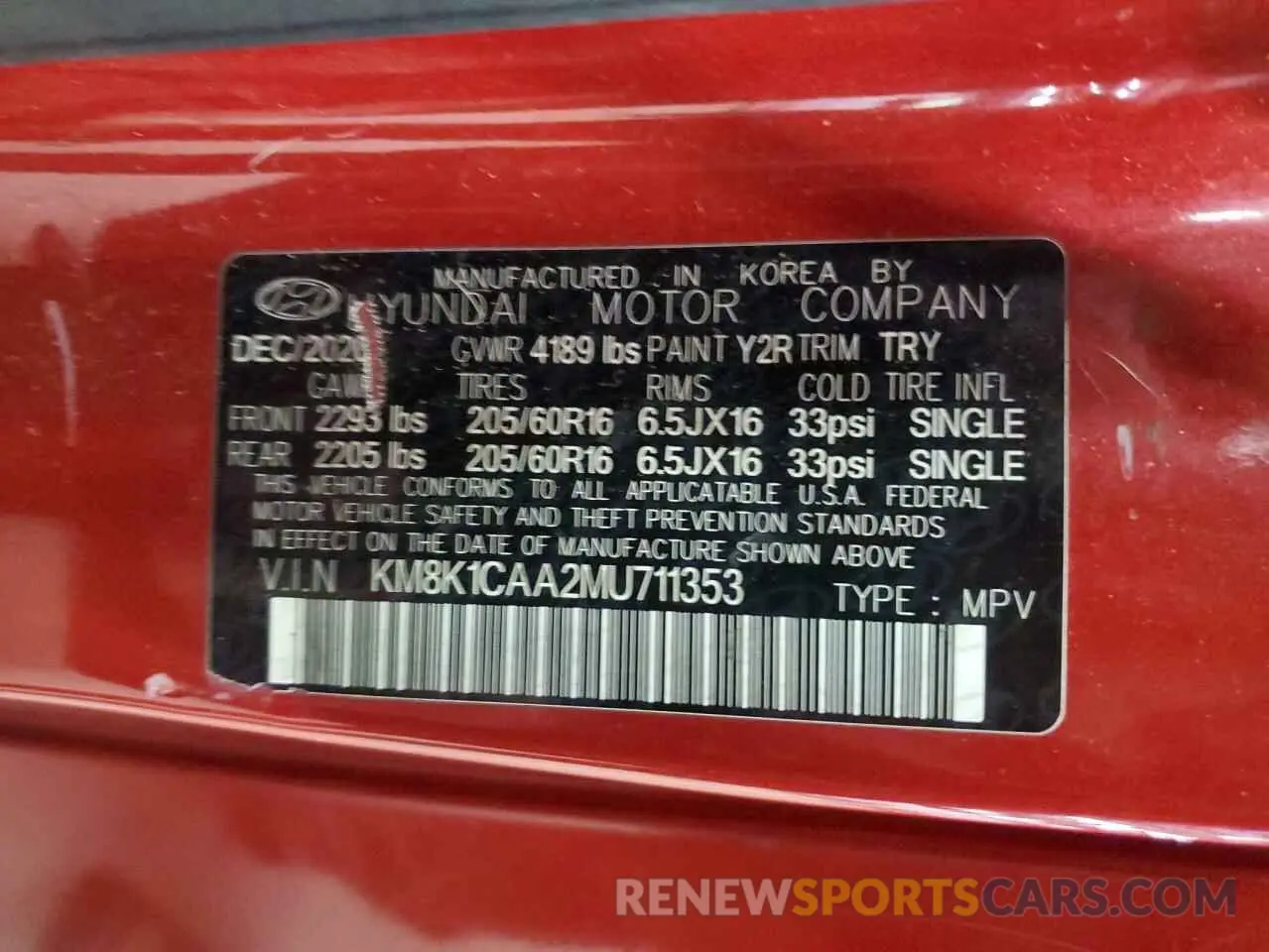 12 fotografías del automóvil dañado KM8K1CAA2MU711353 HYUNDAI KONA 2021