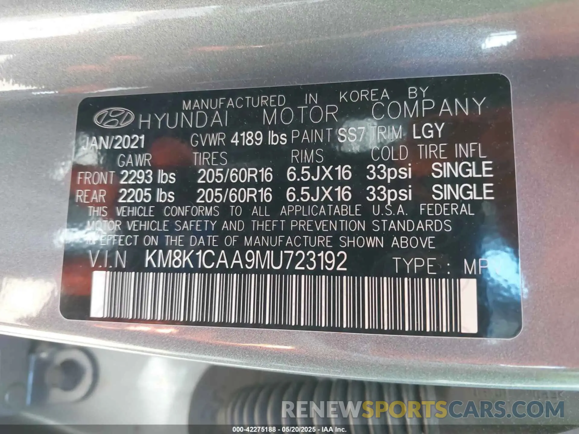 9 fotografías del automóvil dañado KM8K1CAA9MU723192 HYUNDAI KONA 2021