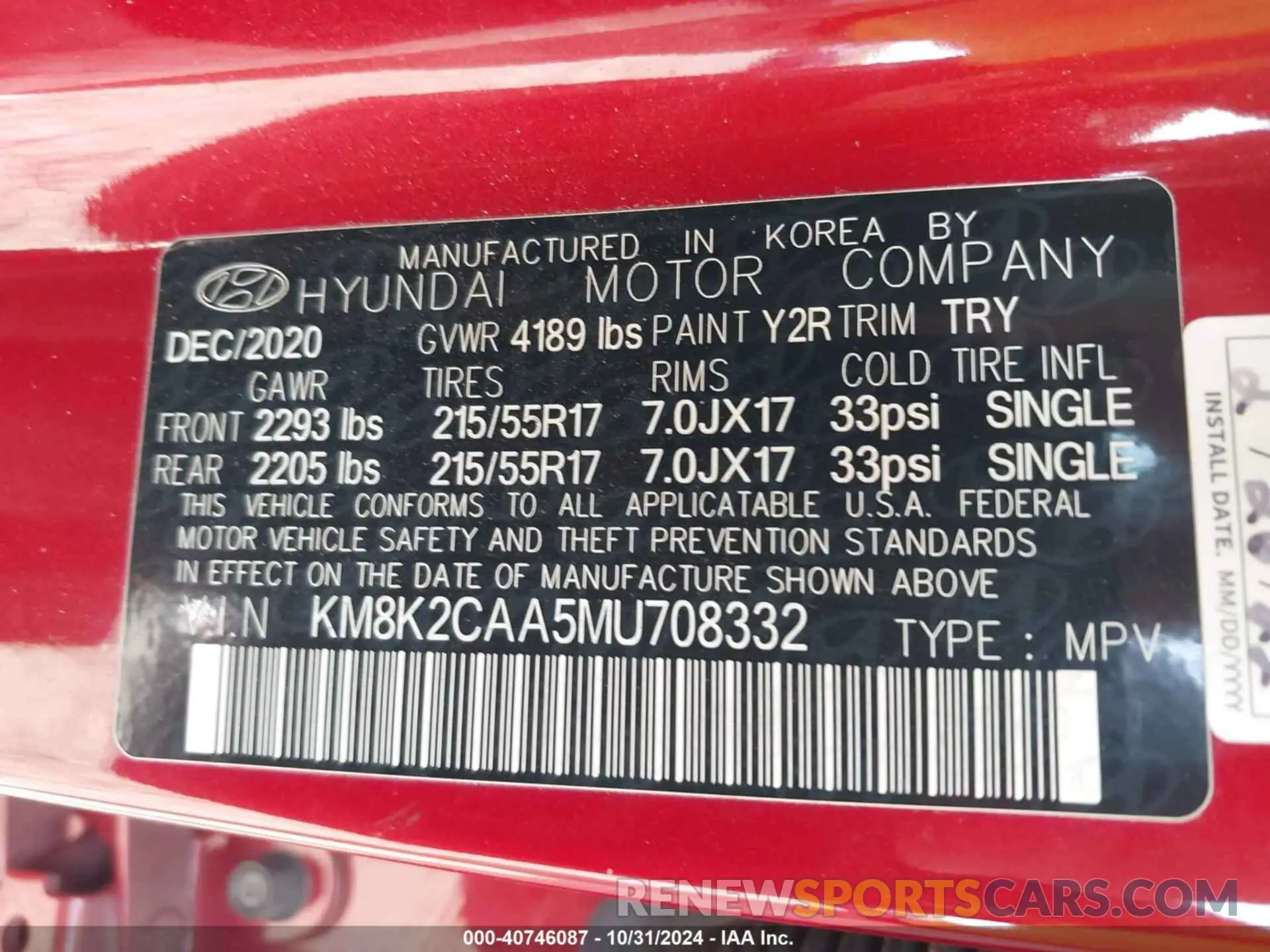 9 fotografías del automóvil dañado KM8K2CAA5MU708332 HYUNDAI KONA 2021