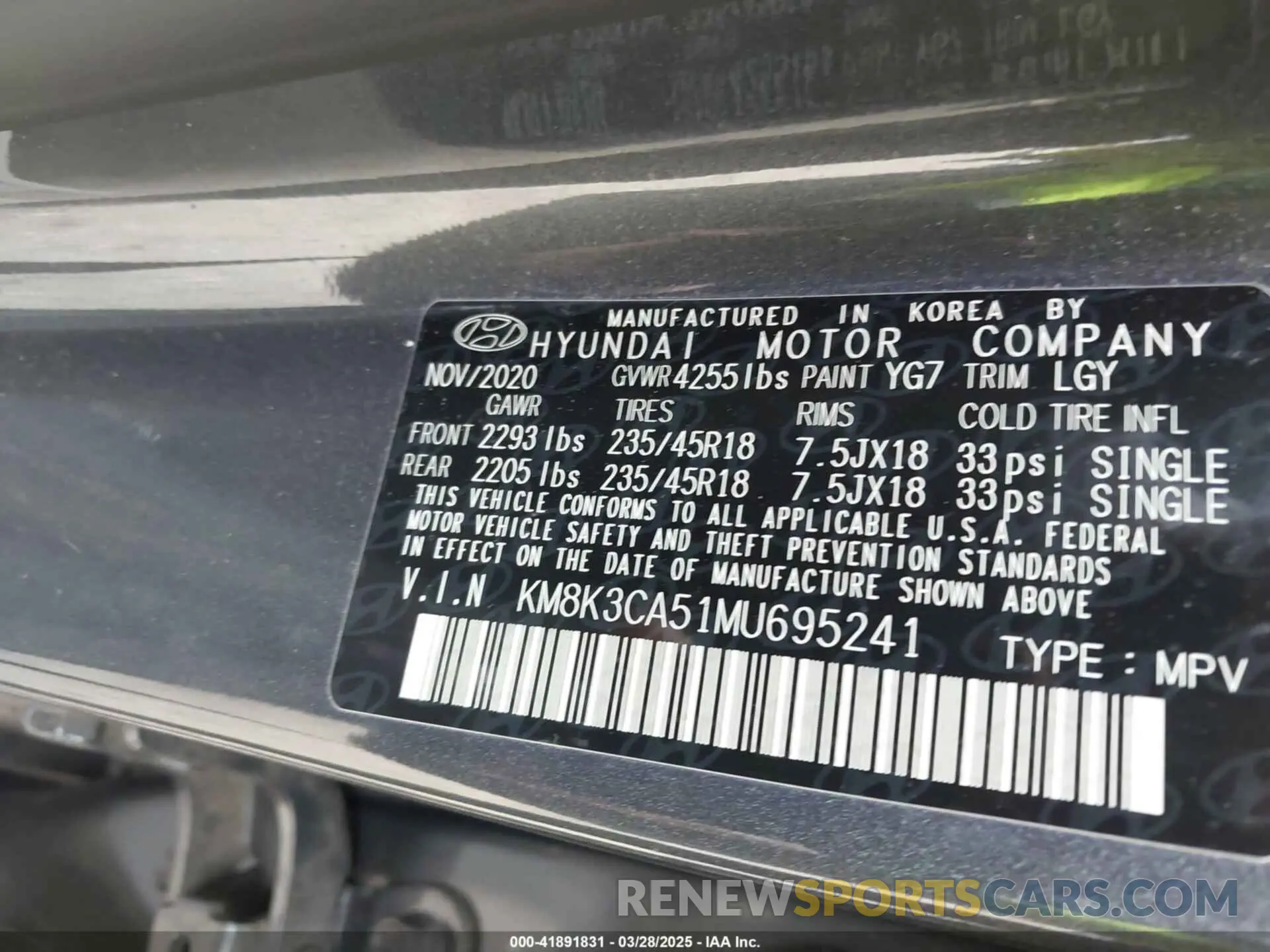 9 fotografías del automóvil dañado KM8K3CA51MU695241 HYUNDAI KONA 2021