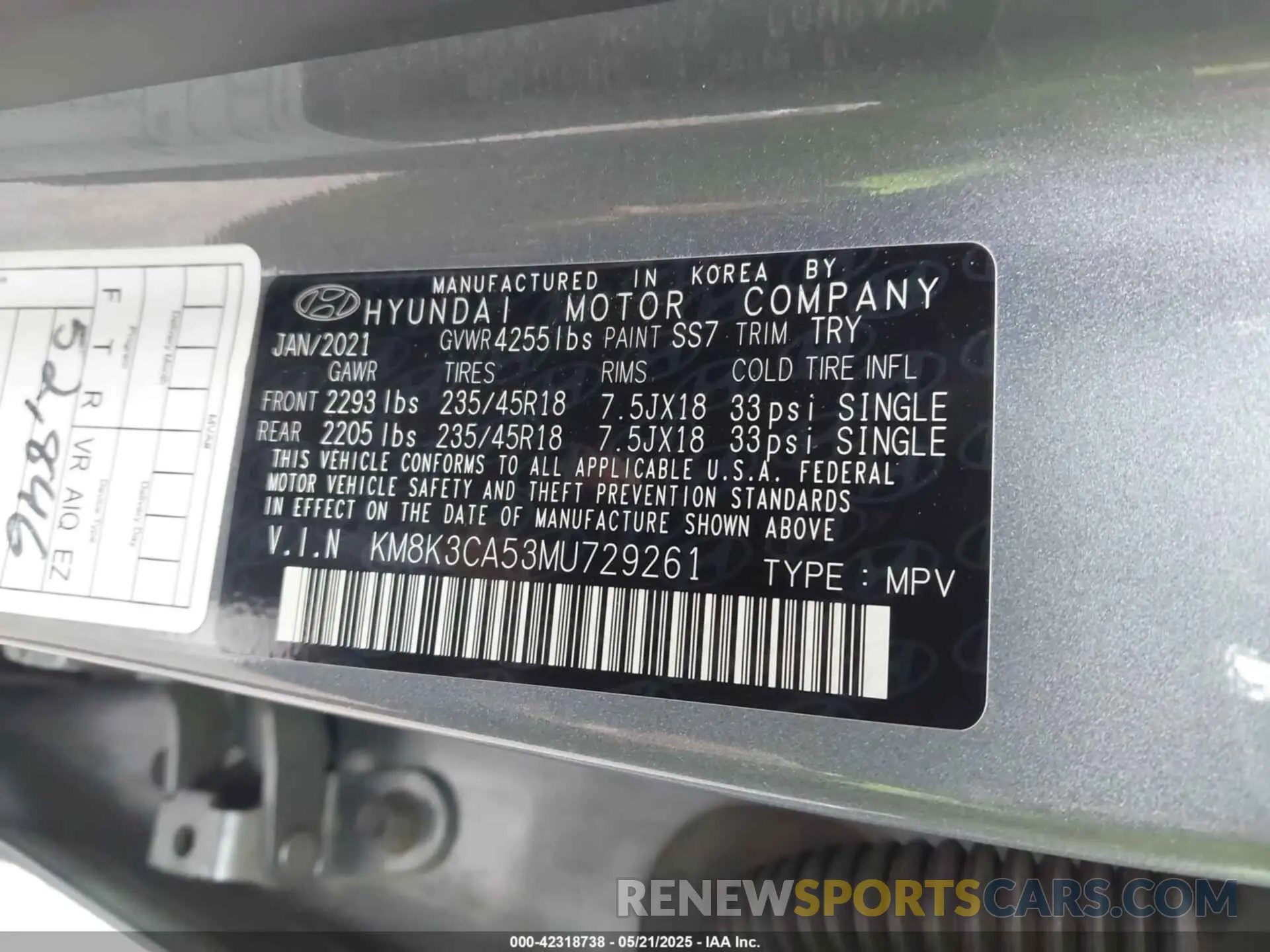 9 fotografías del automóvil dañado KM8K3CA53MU729261 HYUNDAI KONA 2021