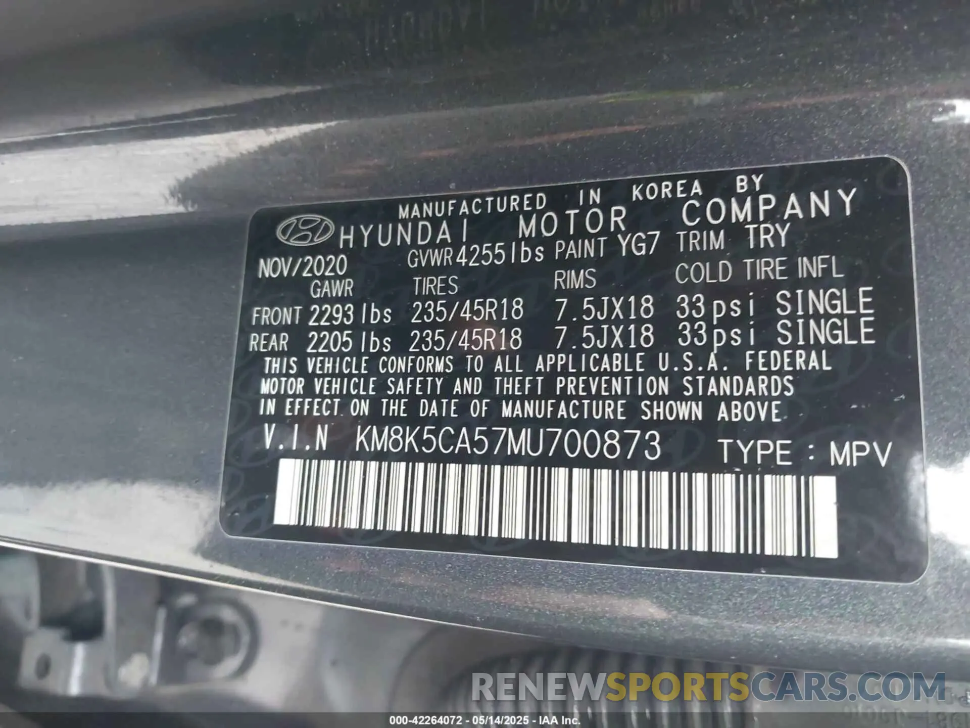 9 fotografías del automóvil dañado KM8K5CA57MU700873 HYUNDAI KONA 2021