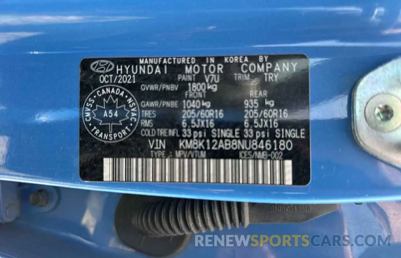 10 fotografías del automóvil dañado KM8K12AB8NU846180 HYUNDAI KONA 2022