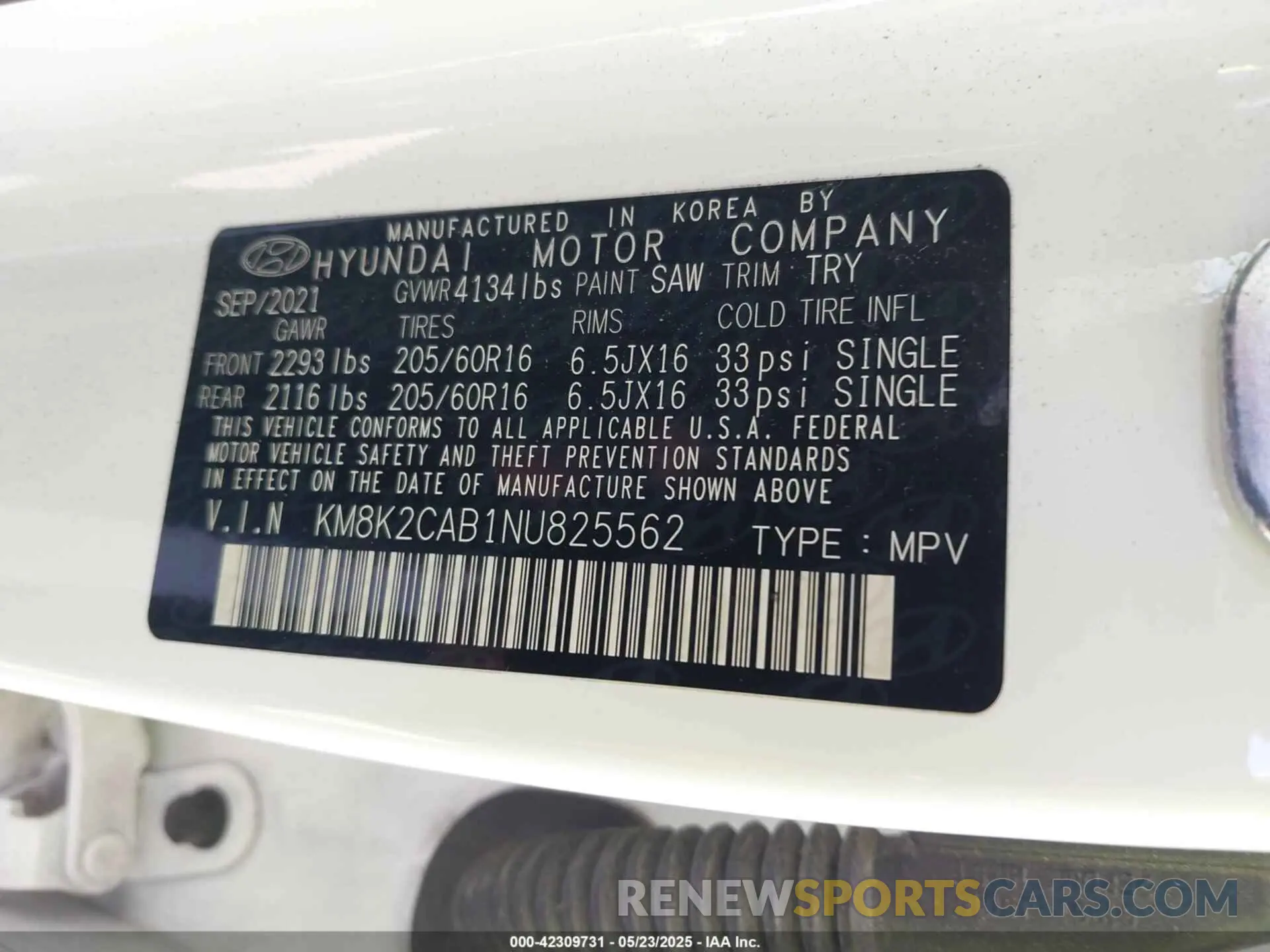 9 fotografías del automóvil dañado KM8K2CAB1NU825562 HYUNDAI KONA 2022
