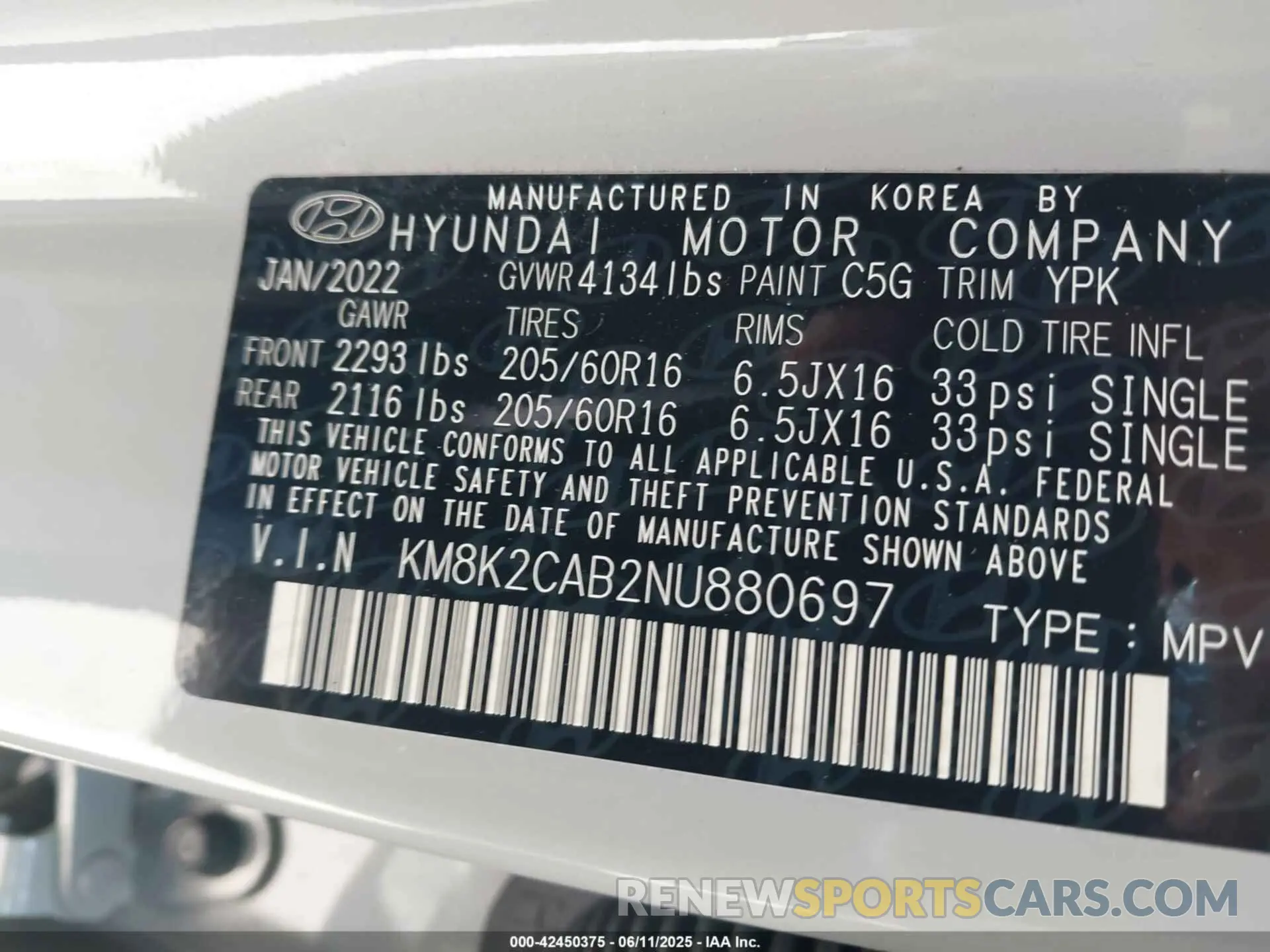 9 fotografías del automóvil dañado KM8K2CAB2NU880697 HYUNDAI KONA 2022