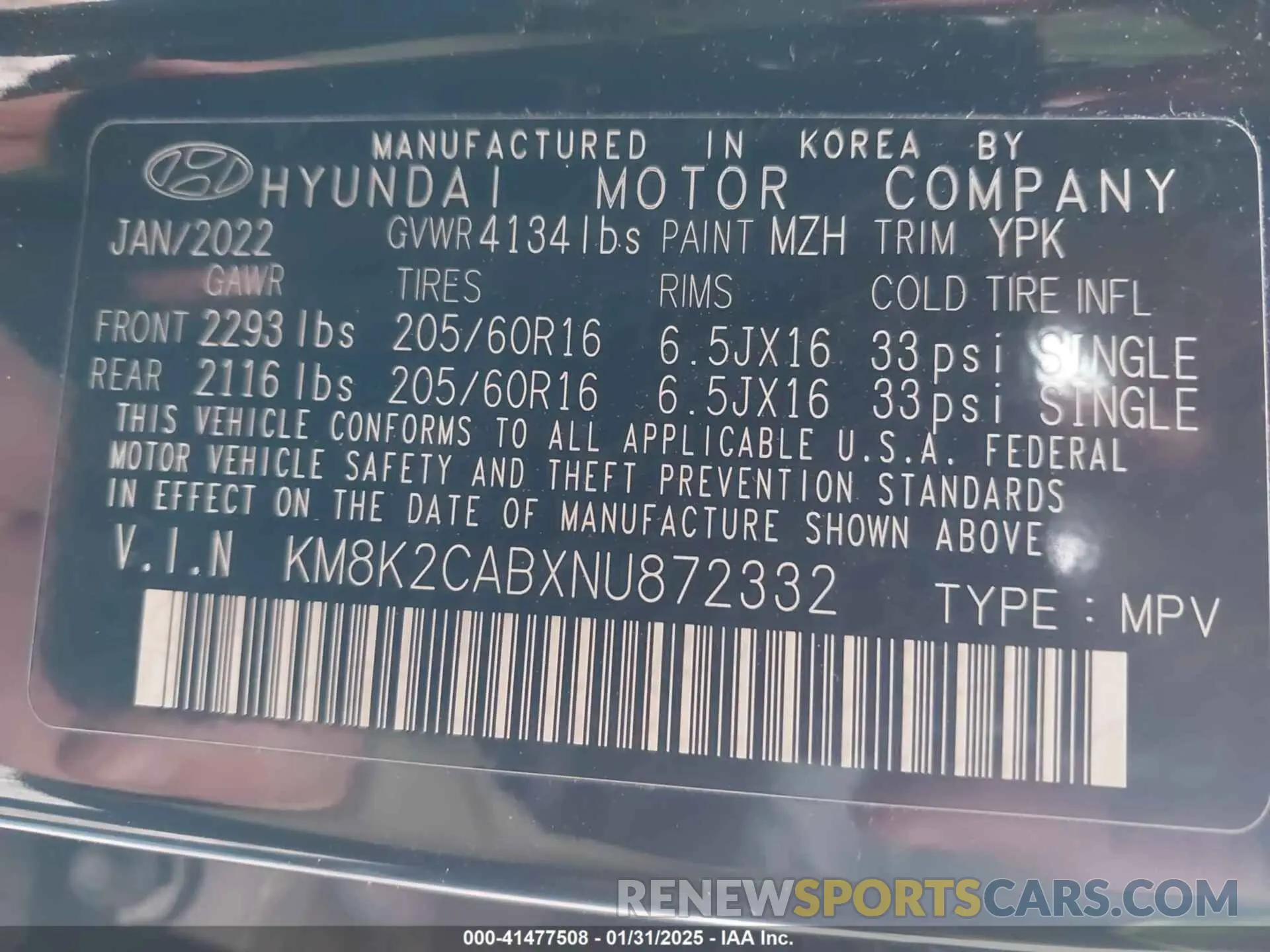 9 fotografías del automóvil dañado KM8K2CABXNU872332 HYUNDAI KONA 2022