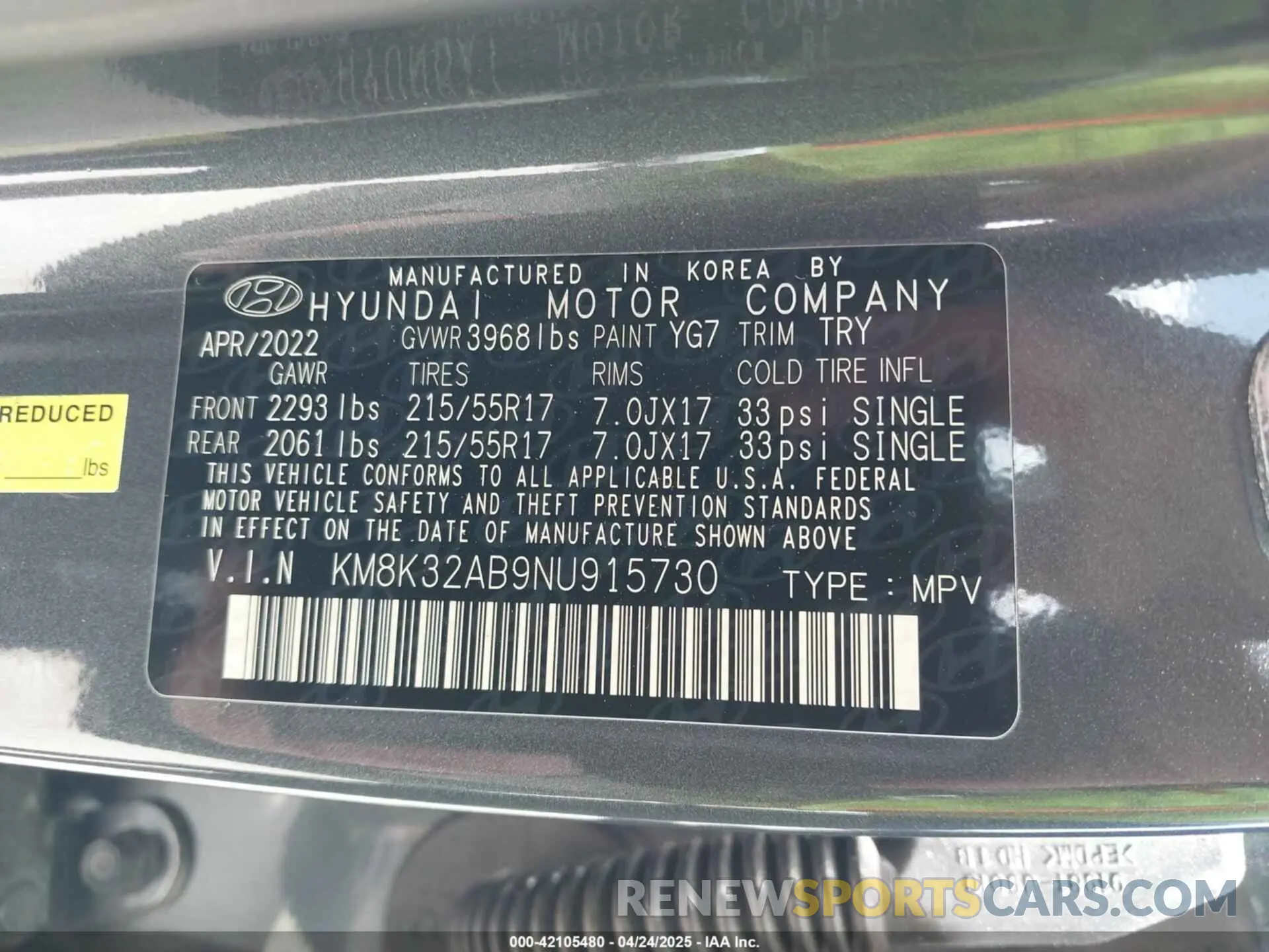 9 fotografías del automóvil dañado KM8K32AB9NU915730 HYUNDAI KONA 2022