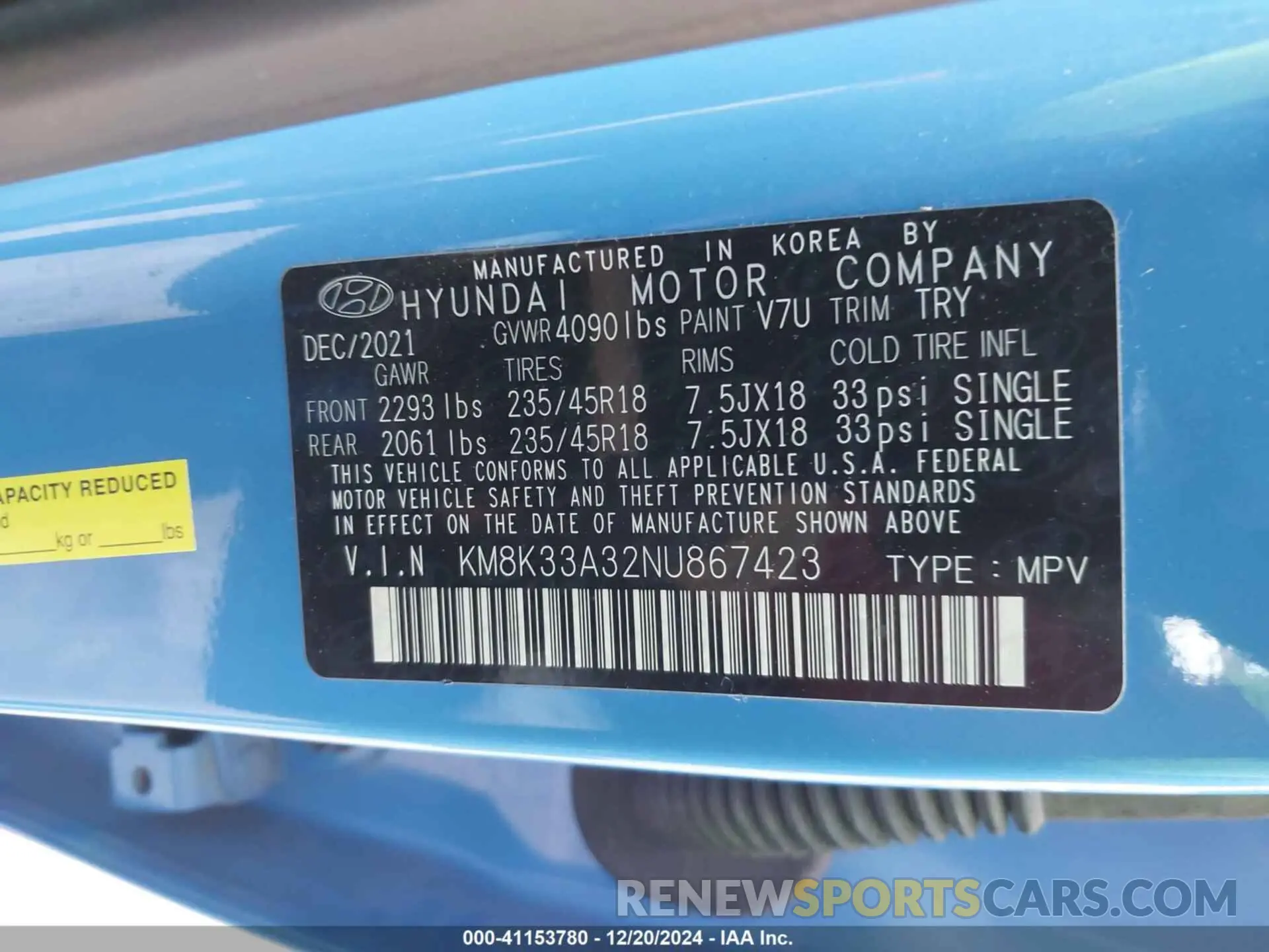 9 fotografías del automóvil dañado KM8K33A32NU867423 HYUNDAI KONA 2022