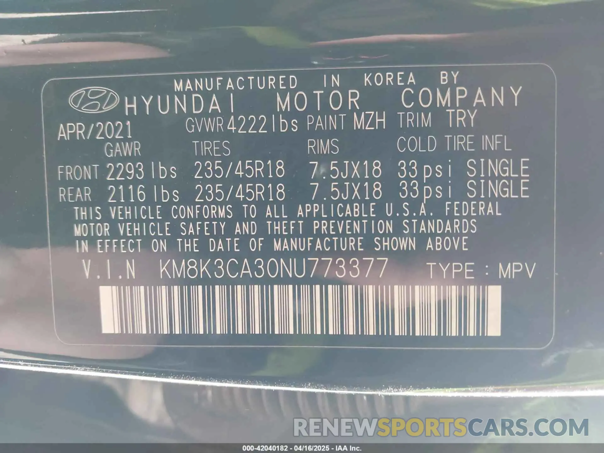 9 fotografías del automóvil dañado KM8K3CA30NU773377 HYUNDAI KONA 2022
