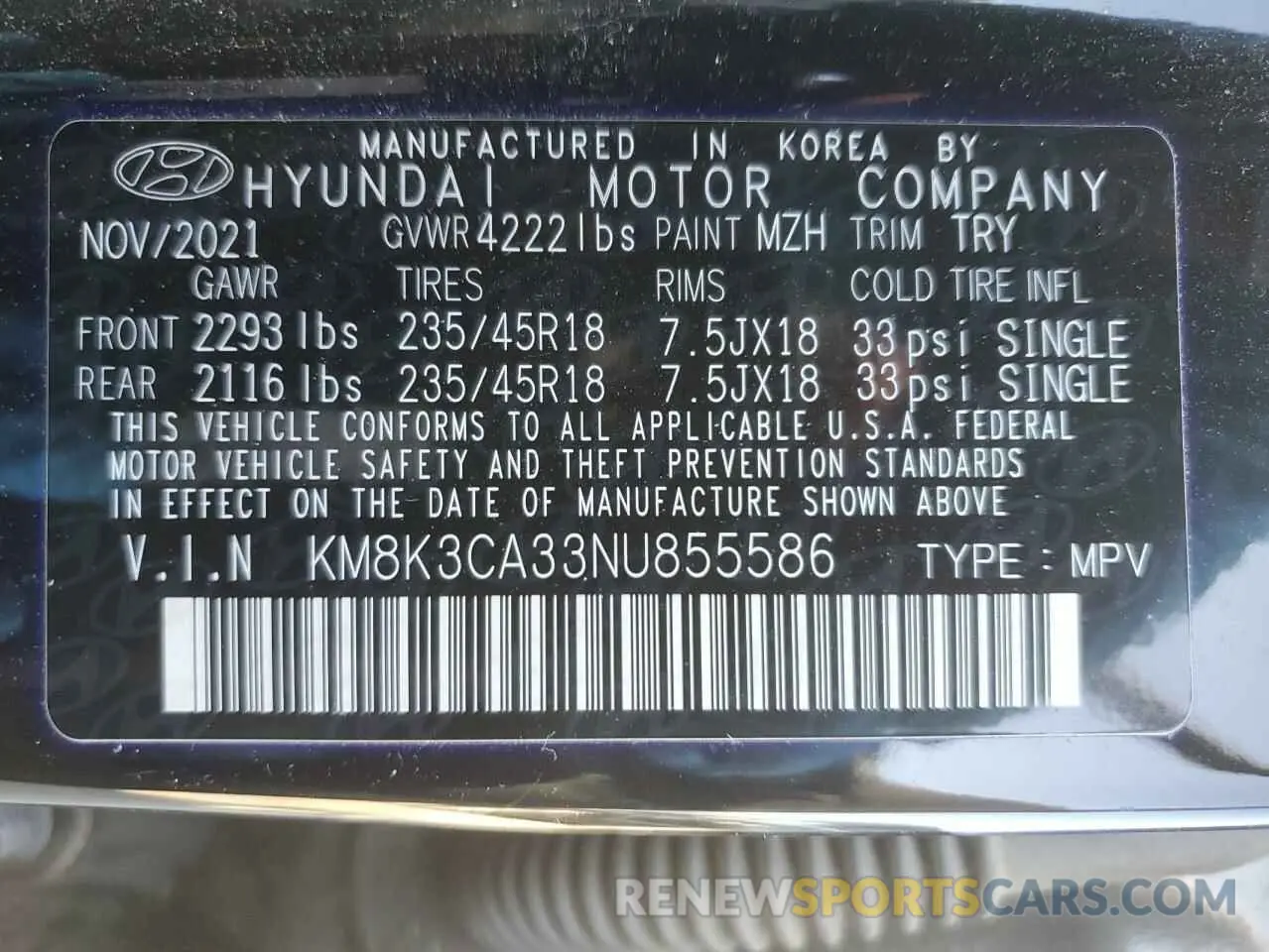14 fotografías del automóvil dañado KM8K3CA33NU855586 HYUNDAI KONA 2022