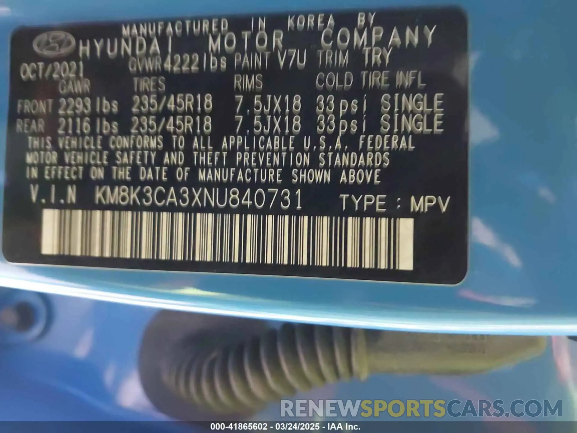 9 fotografías del automóvil dañado KM8K3CA3XNU840731 HYUNDAI KONA 2022
