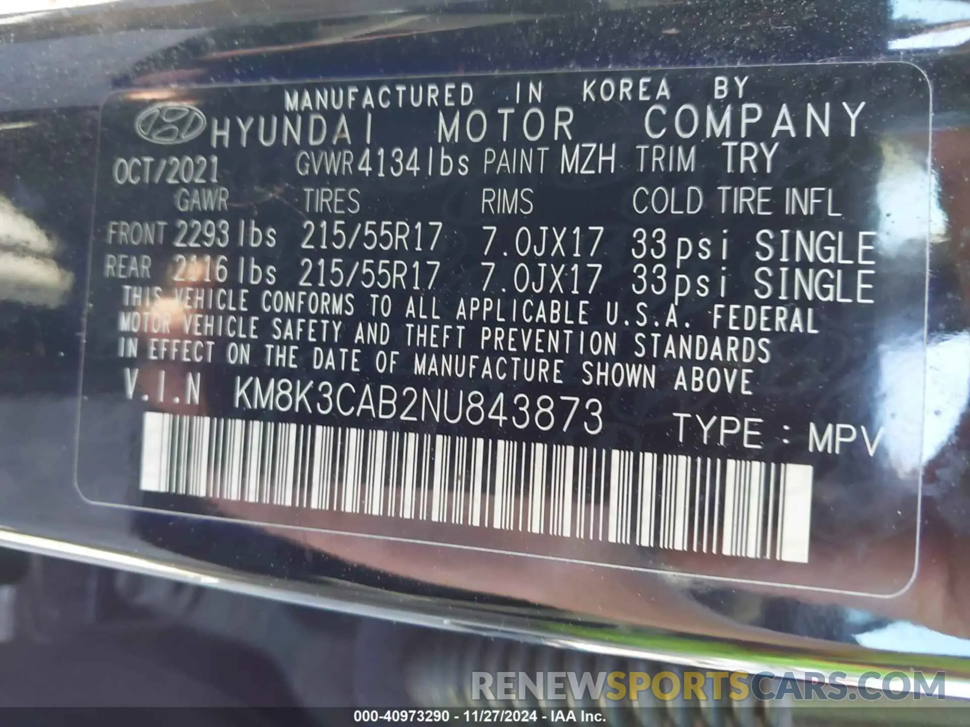 9 fotografías del automóvil dañado KM8K3CAB2NU843873 HYUNDAI KONA 2022