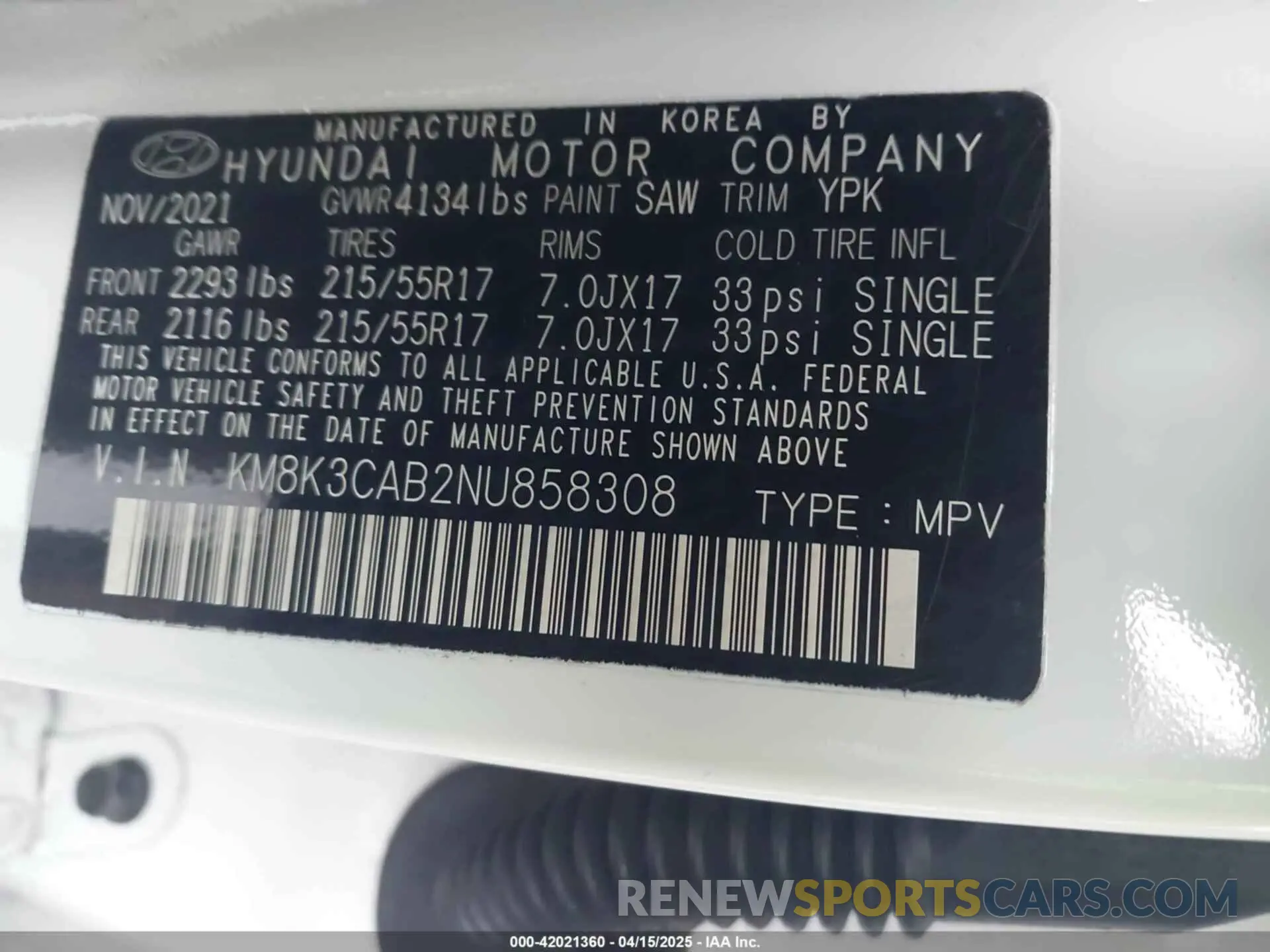 9 fotografías del automóvil dañado KM8K3CAB2NU858308 HYUNDAI KONA 2022