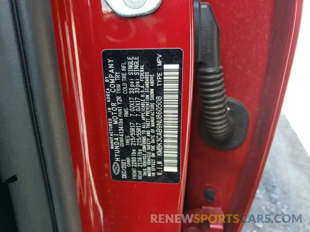 10 fotografías del automóvil dañado KM8K3CAB9NU860508 HYUNDAI KONA 2022