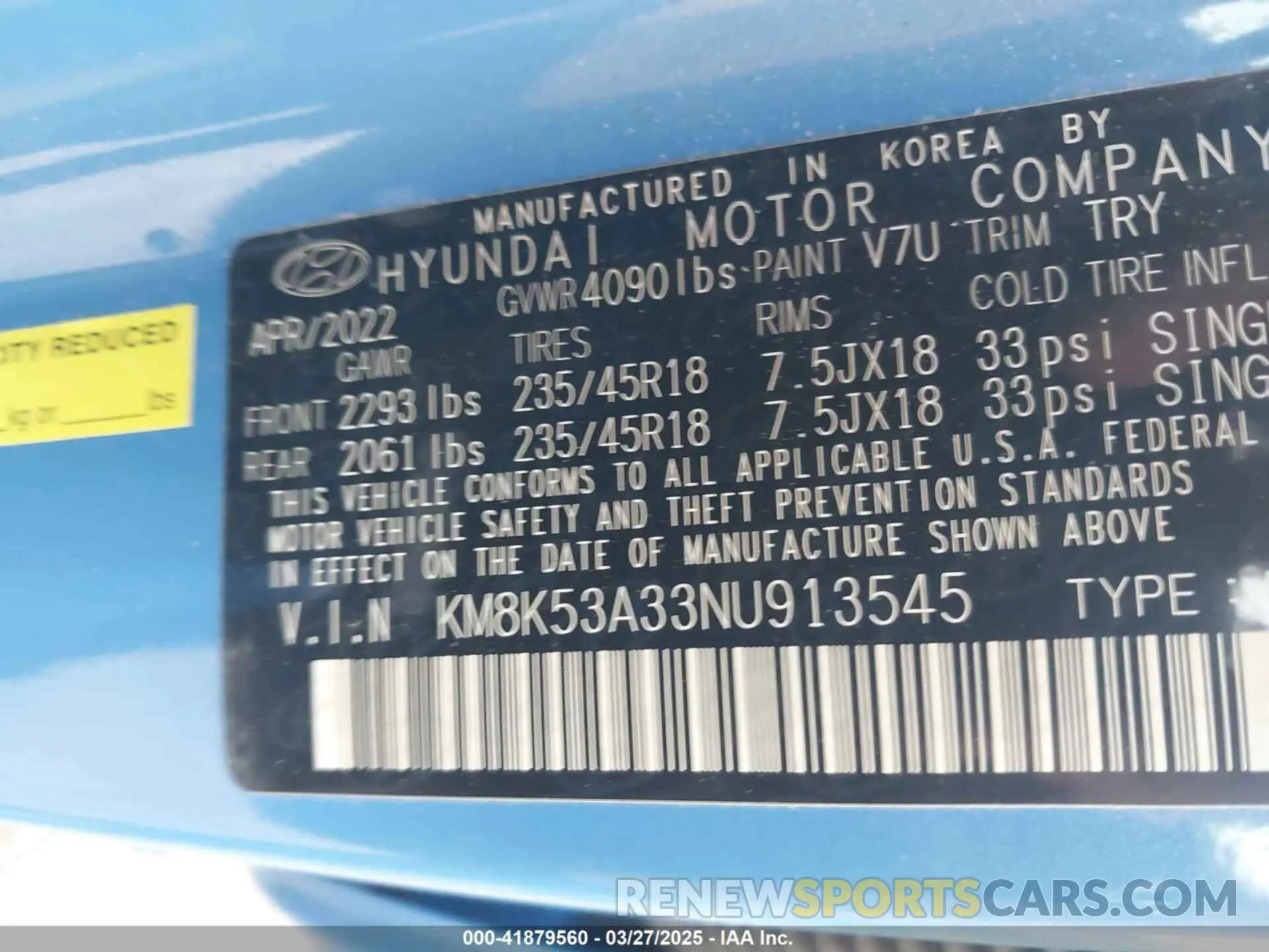 9 fotografías del automóvil dañado KM8K53A33NU913545 HYUNDAI KONA 2022