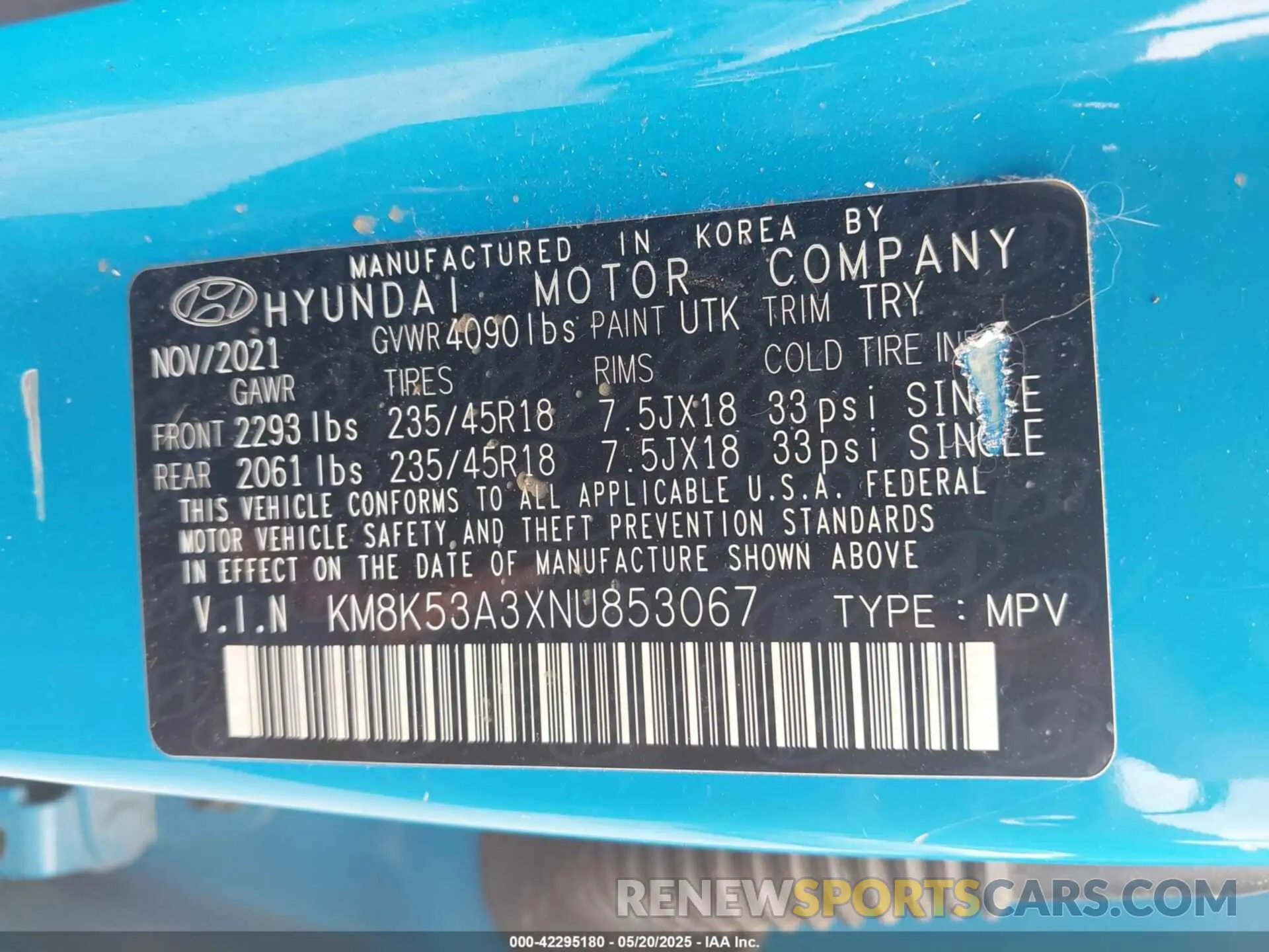 9 fotografías del automóvil dañado KM8K53A3XNU853067 HYUNDAI KONA 2022