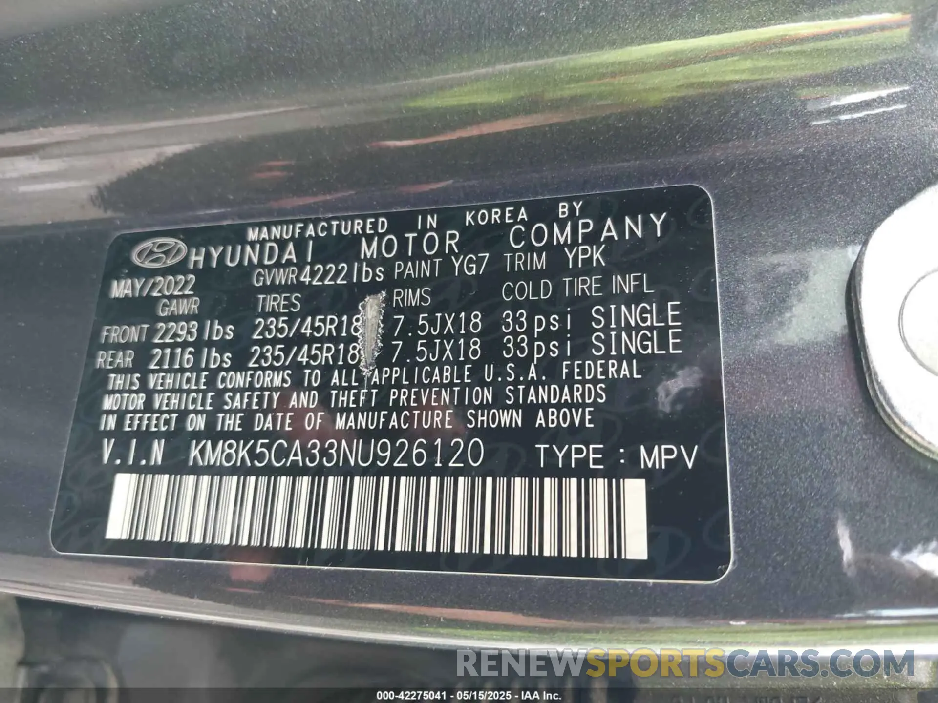 9 fotografías del automóvil dañado KM8K5CA33NU926120 HYUNDAI KONA 2022