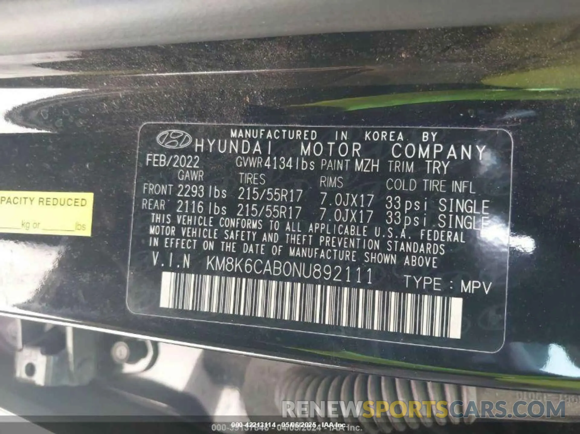 9 fotografías del automóvil dañado KM8K6CAB0NU892111 HYUNDAI KONA 2022
