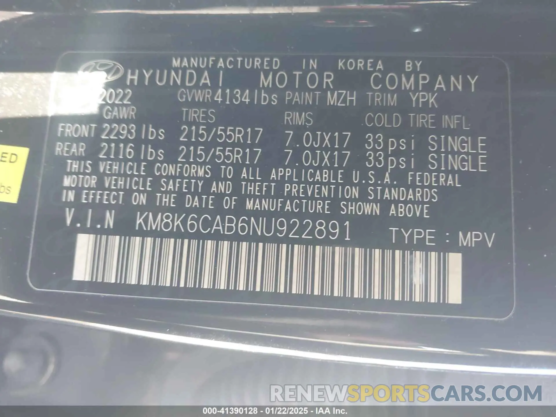 9 fotografías del automóvil dañado KM8K6CAB6NU922891 HYUNDAI KONA 2022