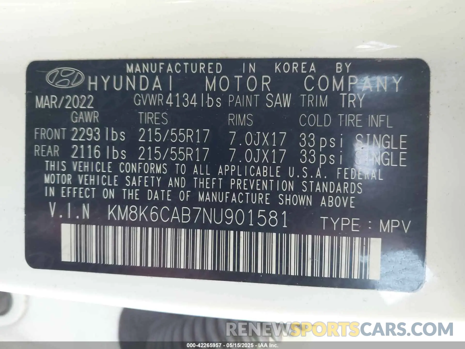 9 fotografías del automóvil dañado KM8K6CAB7NU901581 HYUNDAI KONA 2022