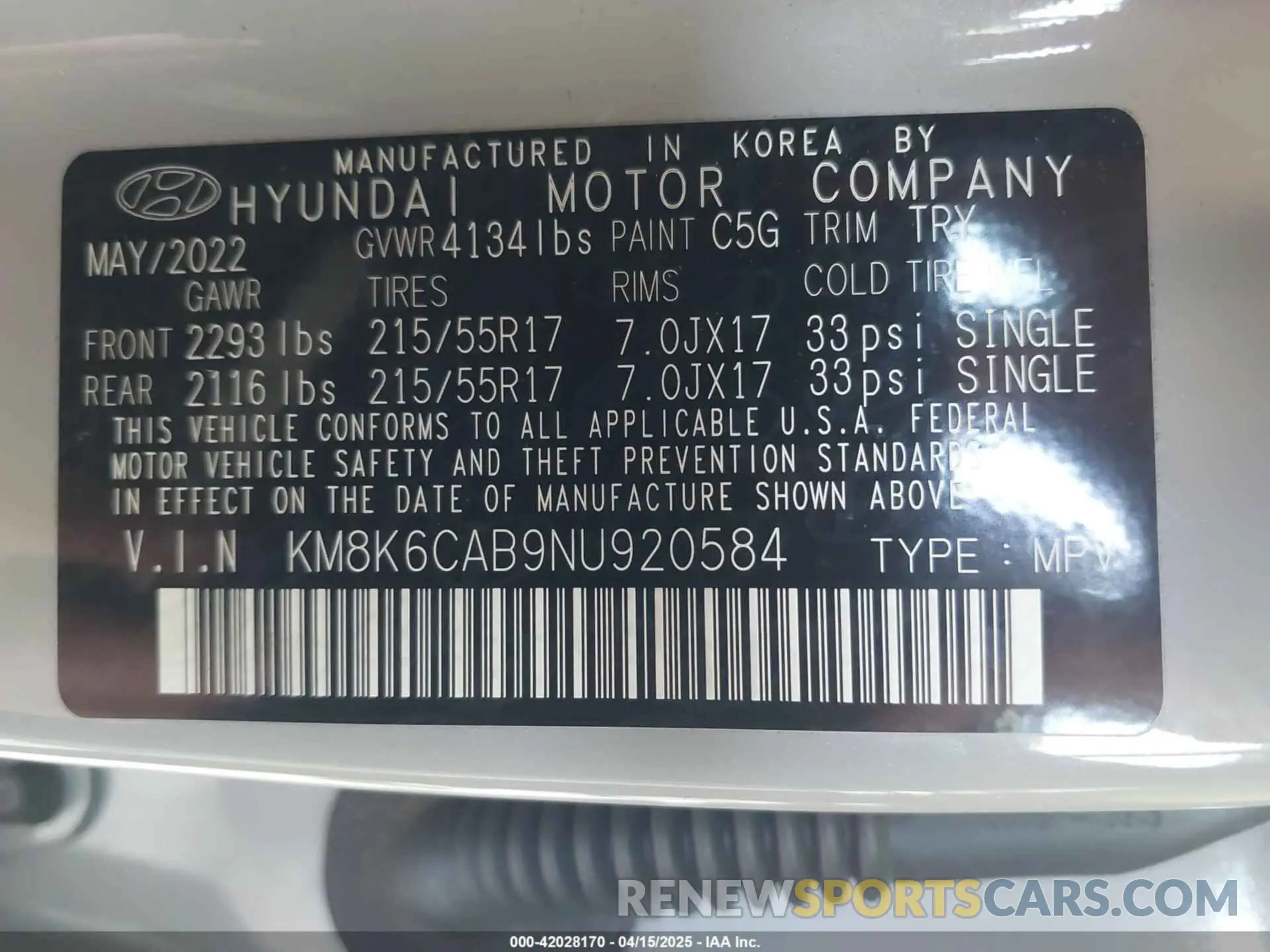 9 fotografías del automóvil dañado KM8K6CAB9NU920584 HYUNDAI KONA 2022