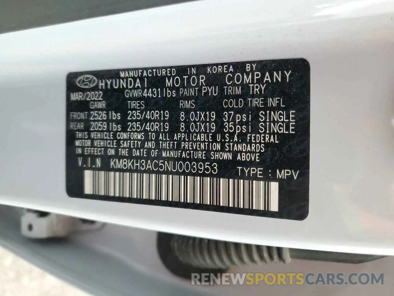 13 fotografías del automóvil dañado KM8KH3AC5NU003953 HYUNDAI KONA 2022